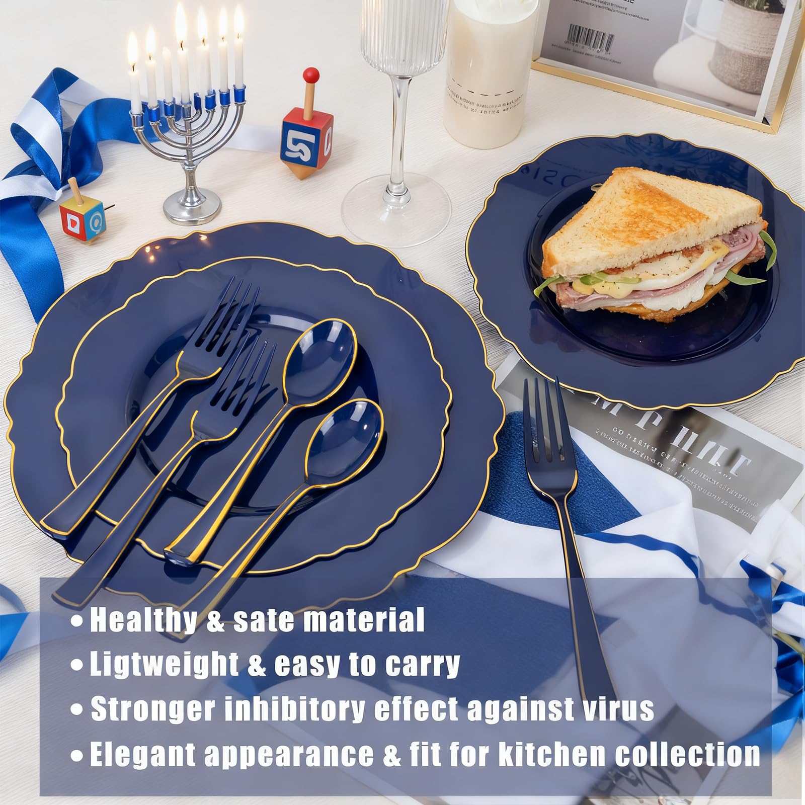 WDF 180PCS Blue Plastic Silverware -Blue and Gold Plastic Cutlery 60 Forks, 60 Knives, 60 Spoons - Heavy Duty Disposable Silverware for Party/Wedding/Birthday