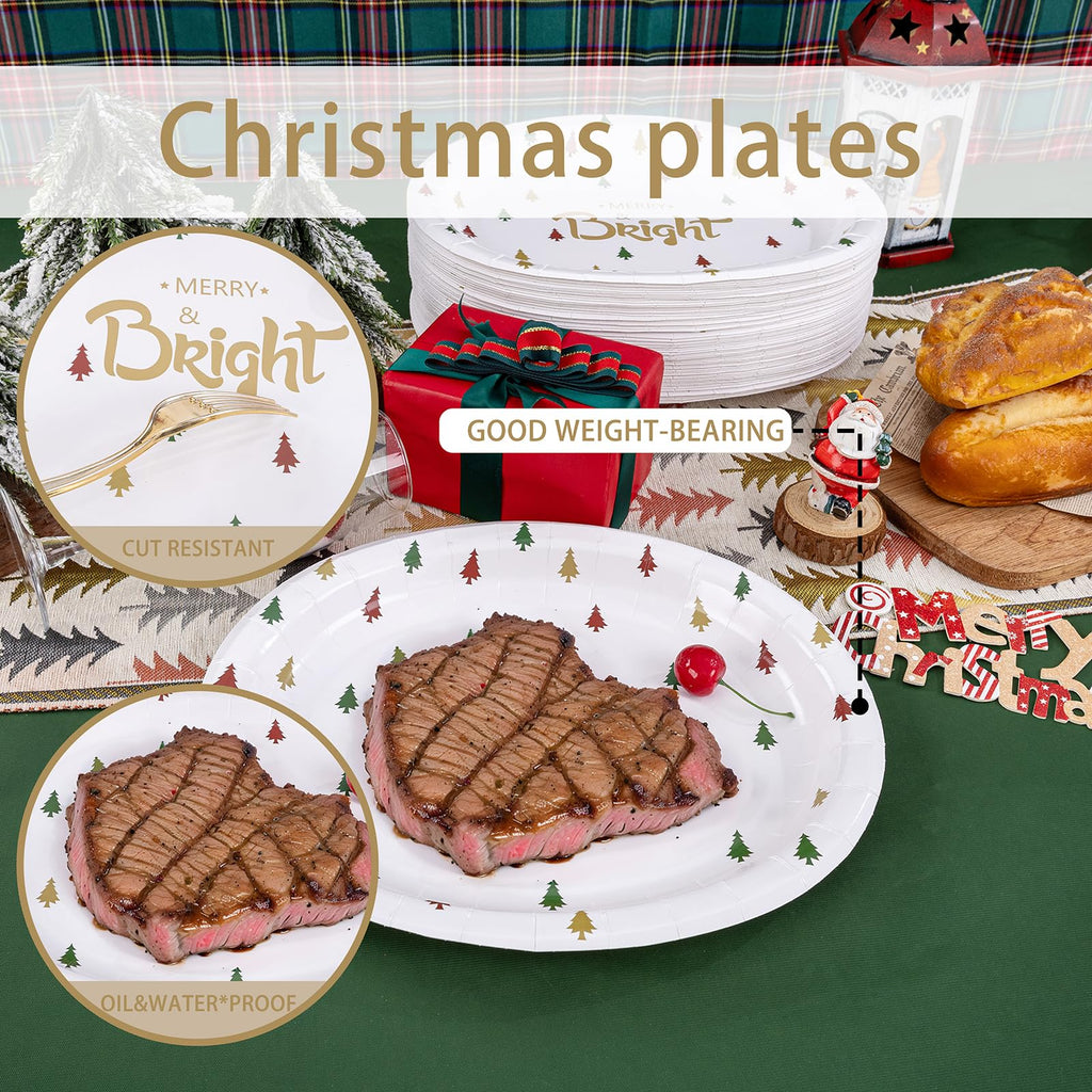 WDF 100 Pack Christmas Paper Plates - 10" x 12"Disposable Christmas Plates Disposable with Christmas Trees-Large Oval Paper Plates Heavy Duty- Party Plates for Christmas
