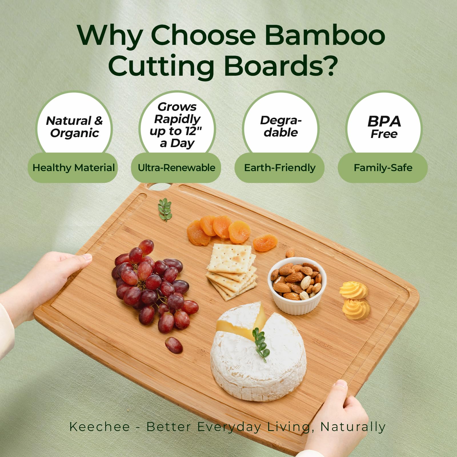Keechee Dishwasher Safe Bamboo Cutting Boards 15.4x11.7in Heat-Resistant Chopping & Charcuterie Board with Juice Groove, Durable Lightweight Kitchen Essentials for Meat, Vegetables, Easy Clean