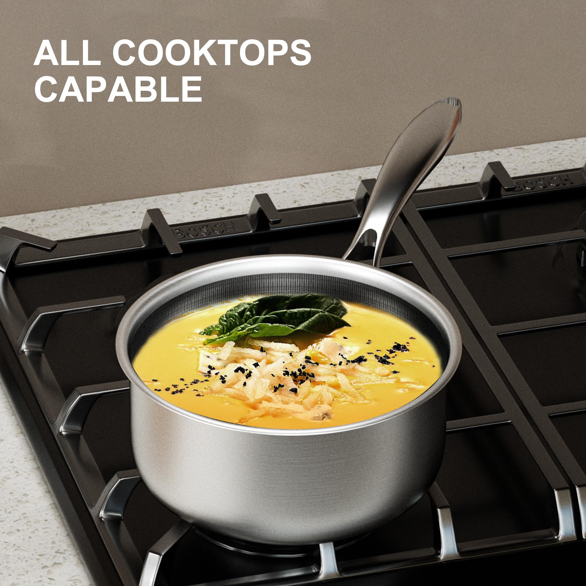 COOKER KING 3 Quart Stainless Steel Saucepan with Lid, Tri-Ply Ceramic Nonstick Pot, Metal Utensil Safe, Dishwasher & Oven Safe up to 900F, Induction Cookware for All Stovetops