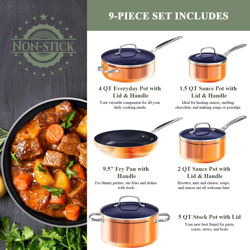 Nuwave 9pc Cookware Set Healthy Duralon Blue Ceramic Nonstick Coated