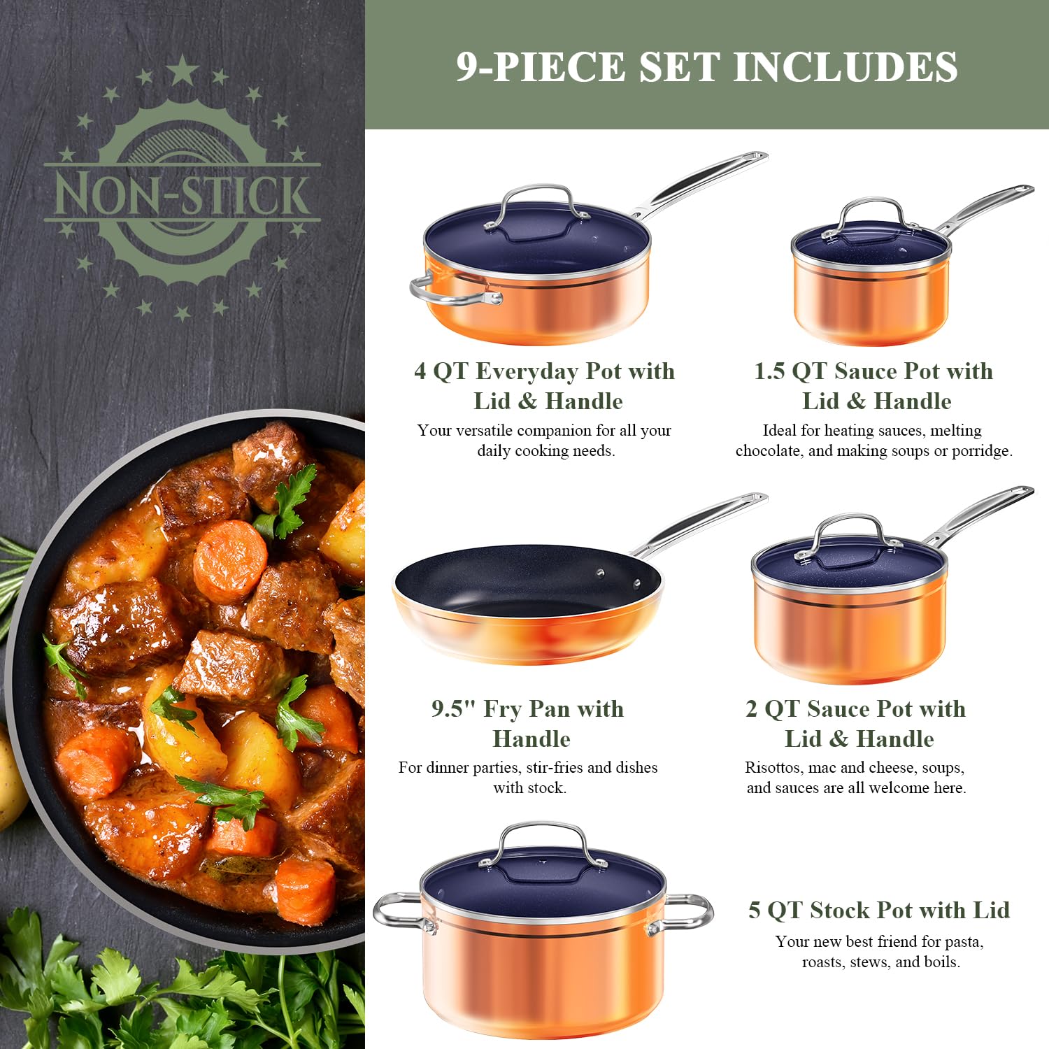 Nuwave 9pc Cookware Set Healthy Duralon Blue Ceramic Nonstick Coated