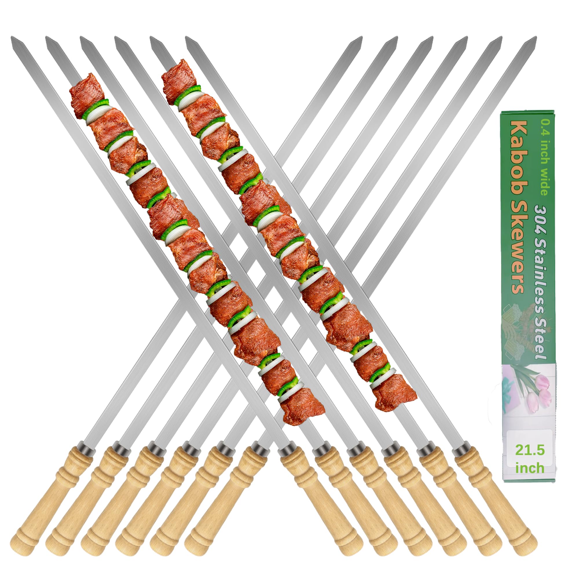 JOWHONK 21.5 inch Long Flat Skewers for Kabobs (12 PCS),0.4" Wide 304 Stainless Steel Barbecue Kebab Skewers for Grilling with Wood Handle,Durable for BBQ Metal Kabob Skewer Sticks for Outdoor