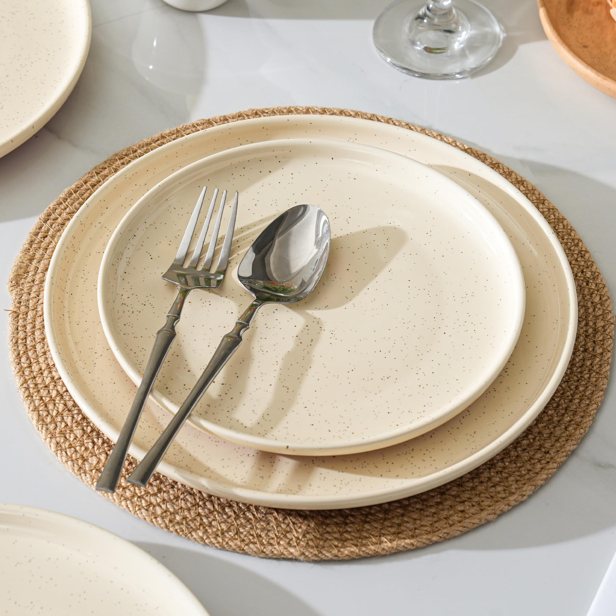 GZG Ceramic Dinner Salad Plates Set of 4, 8 Inch Speckled Dinnerware Dessert Plates with Clay-Tone Base, Microwave Oven Dishwasher Safe
