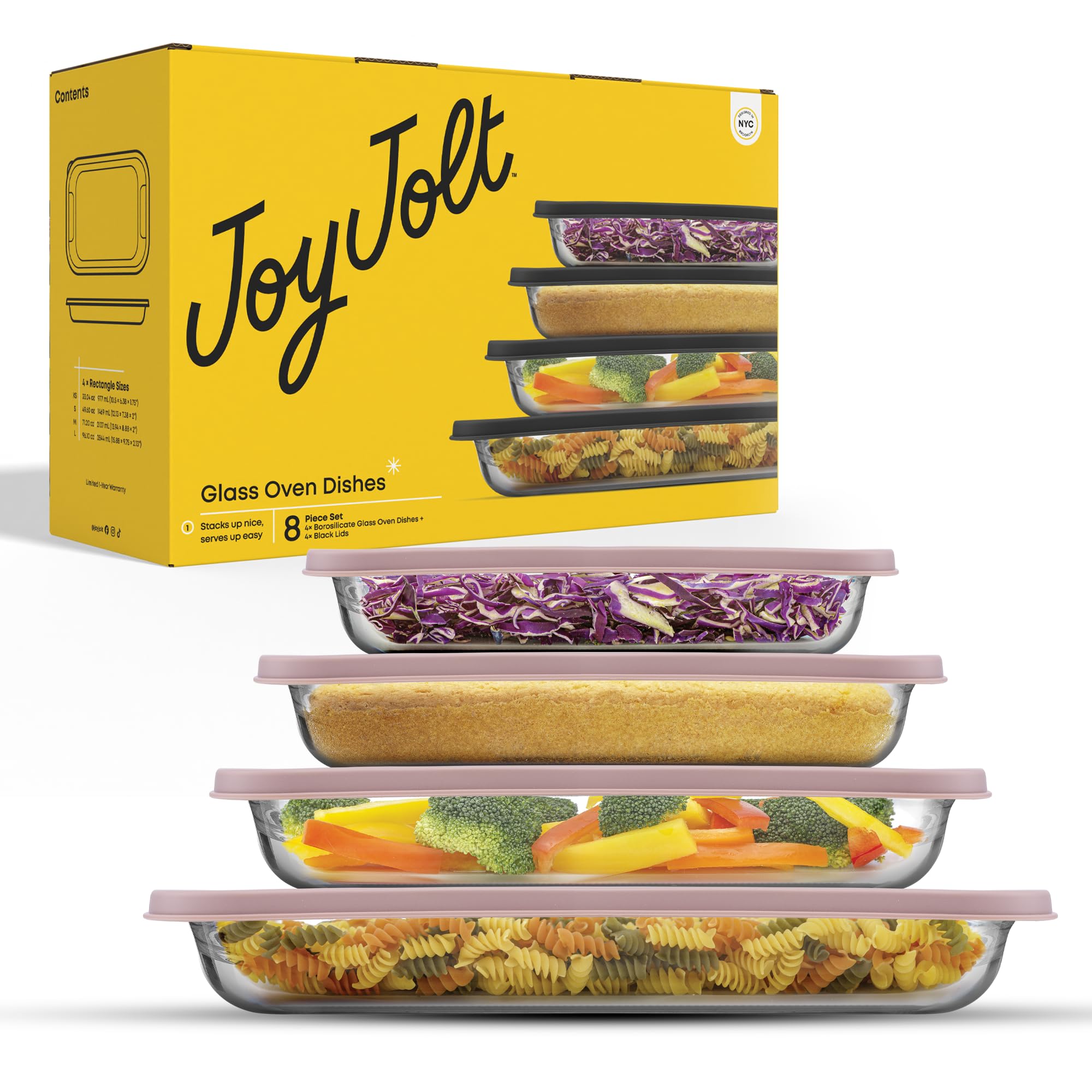JoyJolt 8-Piece Borosilicate Glass Oven Dishes with Blushy Pink Lids, Rectangle Deep Glass Baking Dish Set, Baking Pans for Lasagna Casserole Cake, Bakeware Set, Freezer to Oven Tray to Dishwasher