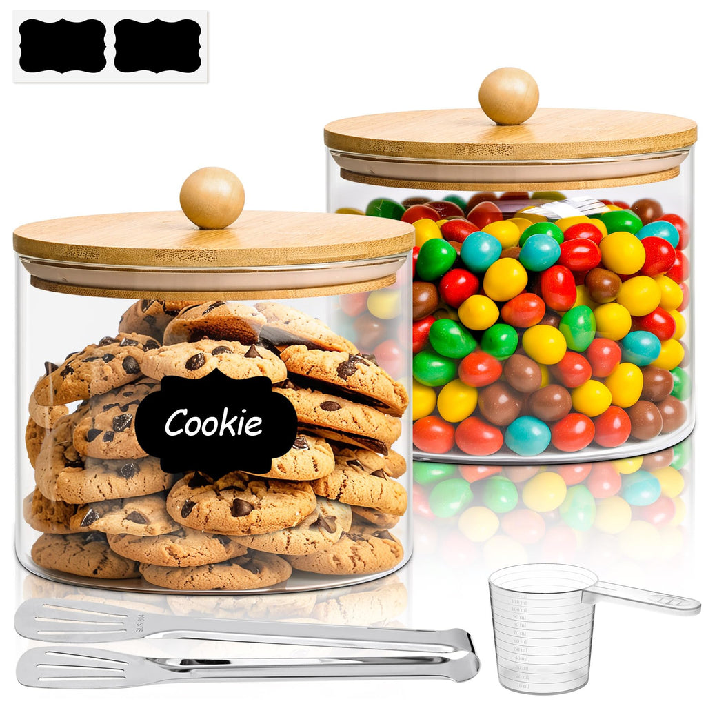 ComSaf Glass Storage Jars with Bamboo Lids 1.8 Qt 2 Pack Large Round
