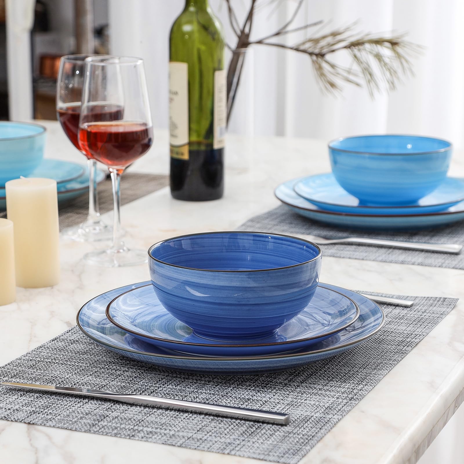 Selamica Ceramic Dinnerware Sets for 6, 18 Pieces Plates and Bowls Set, Scratch Resistant Dishes Set, Handpainted Swirl with Spot Dishwasher & Microwave Safe, Gradient Blue