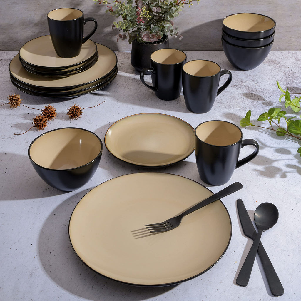 Gibson Elite Soho Lounge 16-Piece Round Reactive Glaze Stoneware Dinnerware Set, Service for 4 – Taupe Plates and Bowls
