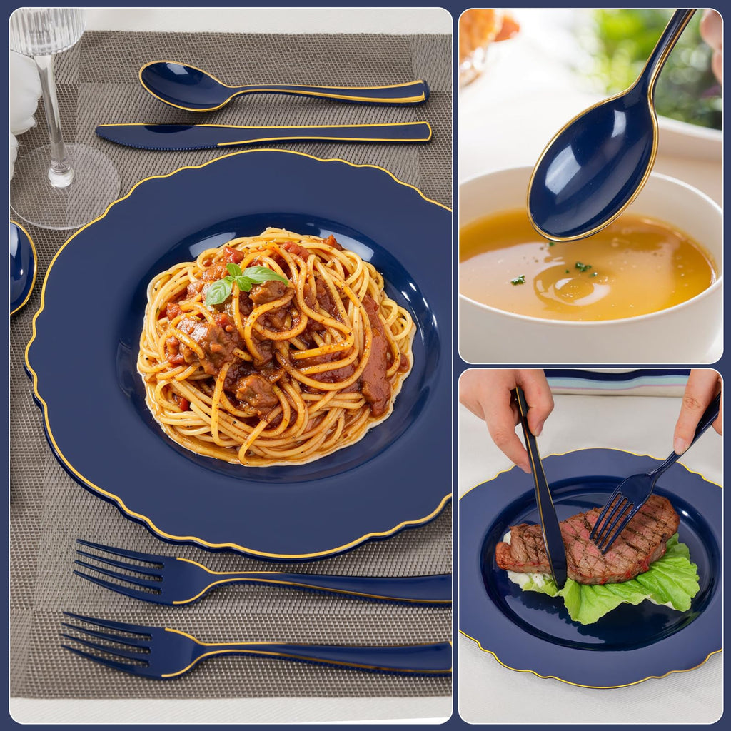 WDF 180PCS Blue Plastic Silverware -Blue and Gold Plastic Cutlery 60 Forks, 60 Knives, 60 Spoons - Heavy Duty Disposable Silverware for Party/Wedding/Birthday