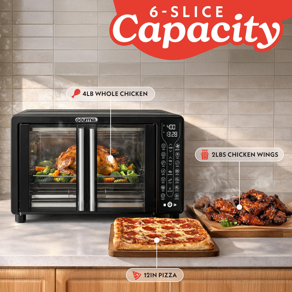 Gourmia French Door Air Fryer Toaster Oven – 6-Slice Capacity, FryForce 360°, Digital Display with 17 Cooking Presets, Black