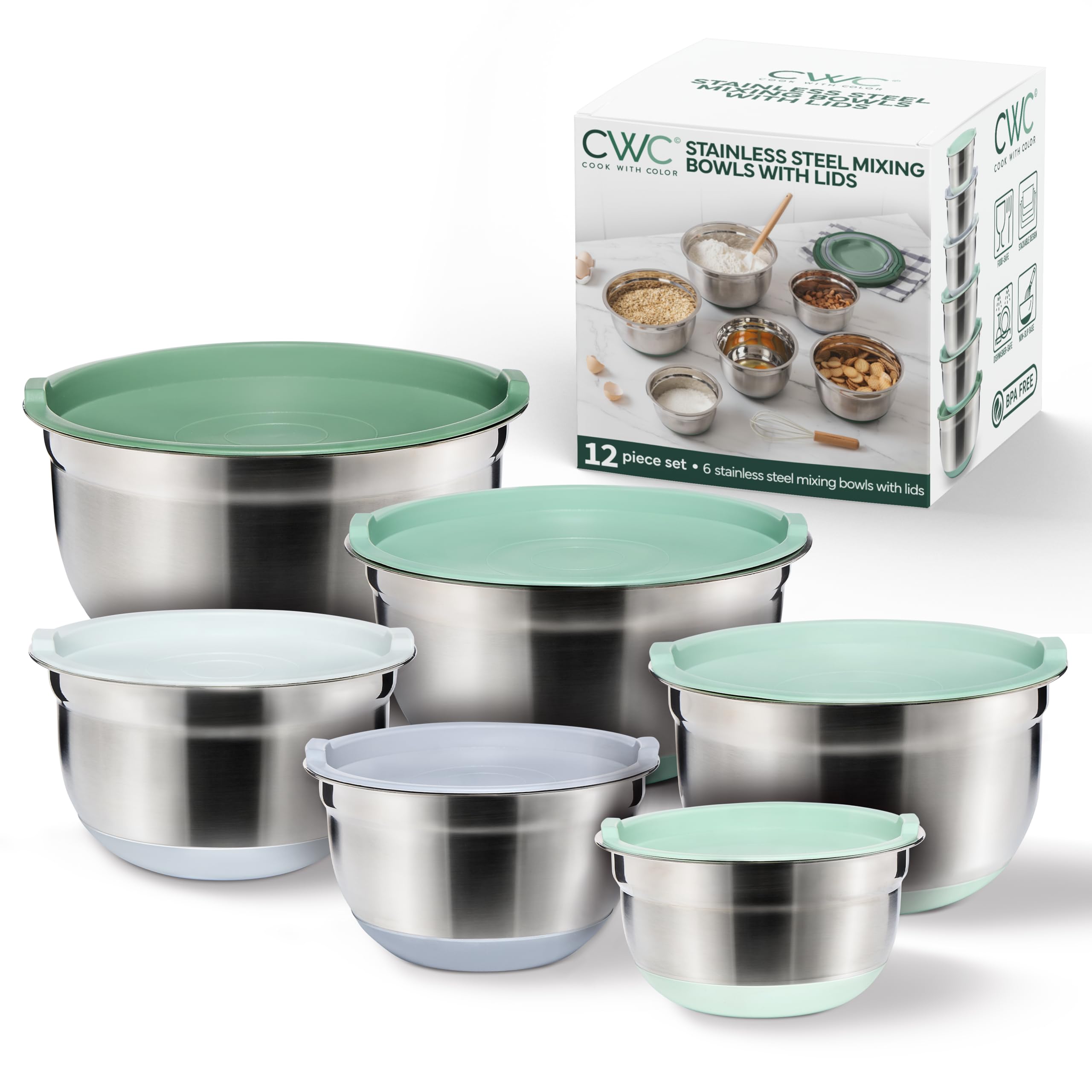 COOK WITH COLOR Stainless Steel Mixing Bowls Set with Lids - Nesting Bowls with Non-Slip Bottom, Sage, 12 Pieces