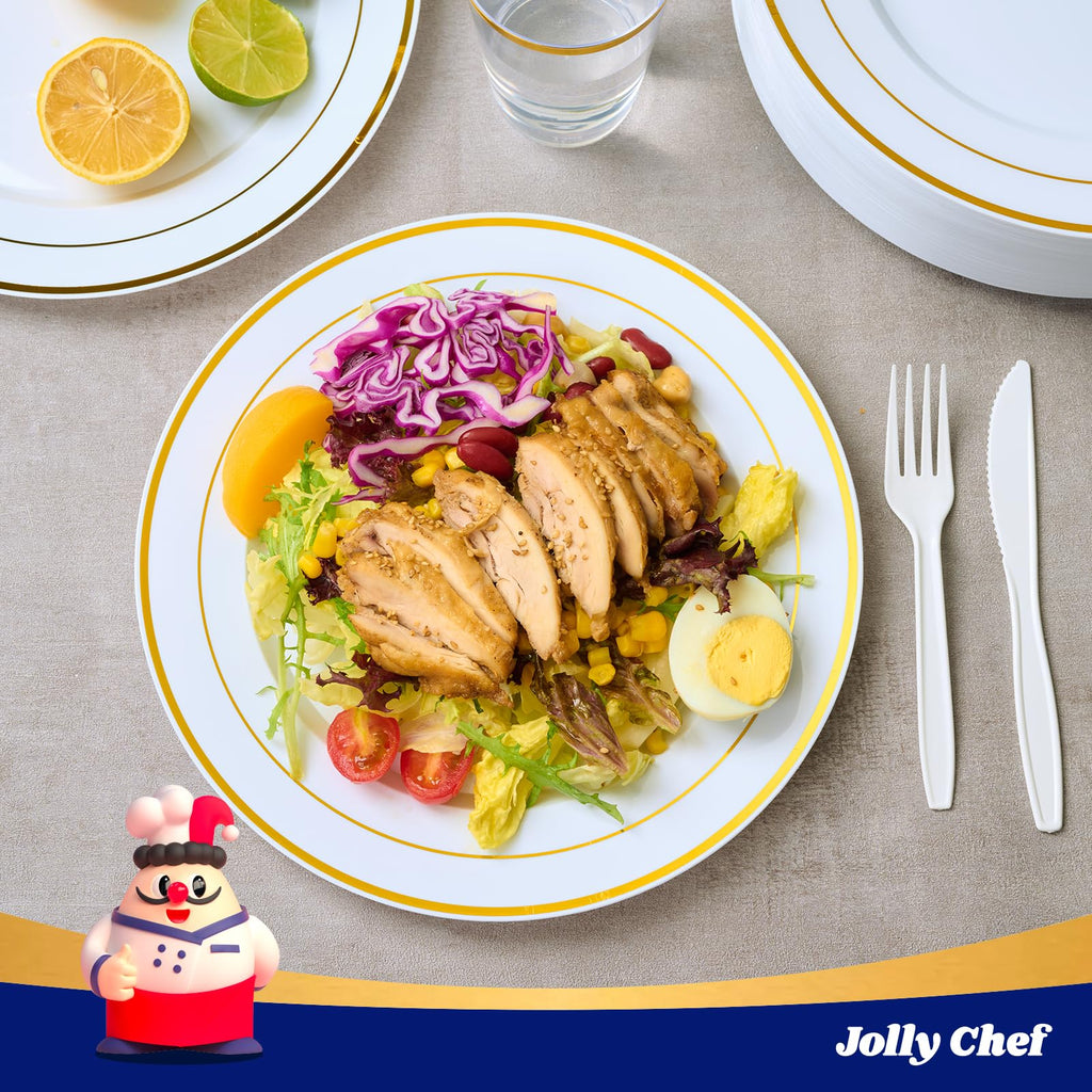 JOLLY CHEF 100 Pieces Gold Plastic Plates, 10 Inch Elegant Disposable Dinner White with Gold Rim, Disposable Plastic Plates for Christmas, Birthdays and Weddings
