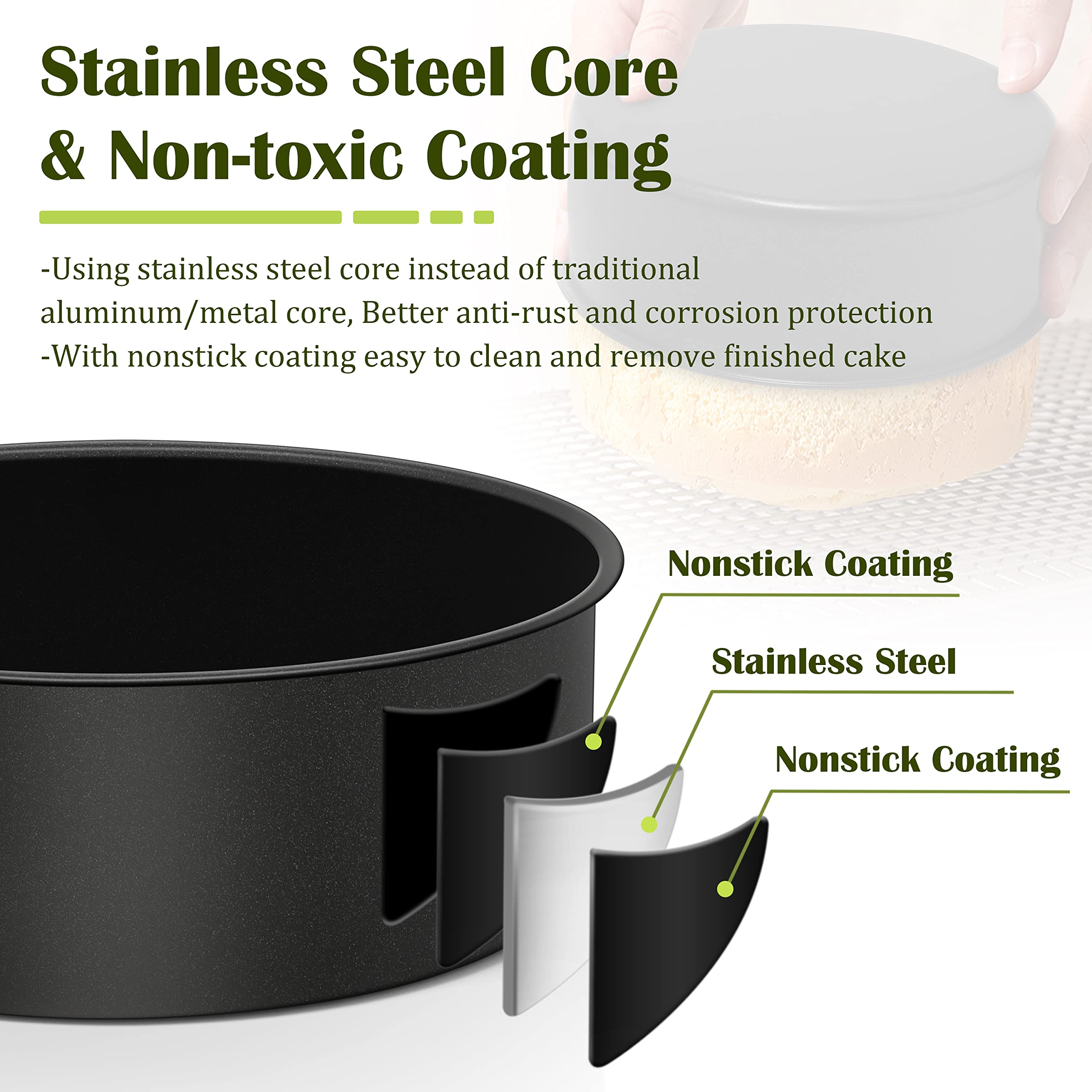 E-far 8 x 3 Inch Cake Pan Set of 3, Nonstick Stainless Steel Round Cake Pans Tin for Baking Birthday Wedding Layer Cakes, Stainless Steel Core & Non-toxic Coating, Deep & Straight Side