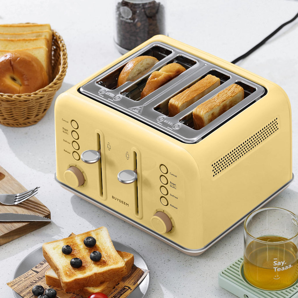 BUYDEEM DT640 4-Slice Toaster, 7 Shade Settings, Extra Wide 1.5’’ Slots for Bagel & English Muffin, 6 Toasting Functions, Retro Stainless Steel Toaster with High Lift Lever, 1800W, Yellow