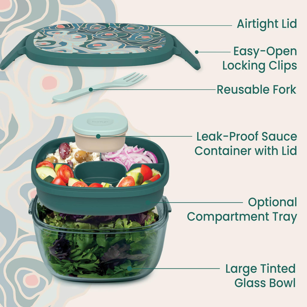 Bentgo Glass Prints Salad Container - 7.6-Cup Tinted Glass Salad Bowl with Airtight Lid, Leak-Proof Sauce Container, 4-Compartment Bento Meal Prep Tray & Reusable Fork (Floral Maximalist - Sea)