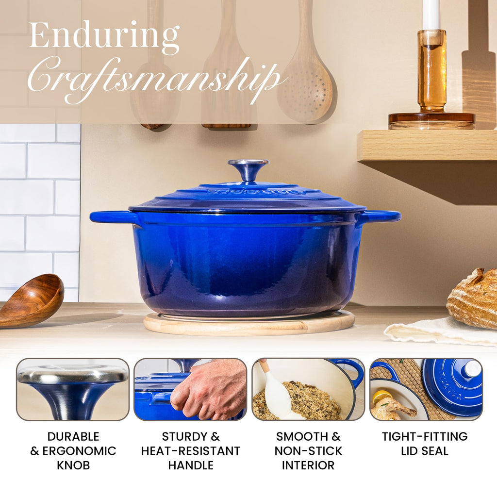 Cast Iron Dutch Oven with Lid - Non-Stick Ovenproof Enamelled Casserole Pot - Sturdy Dutch Oven Cookware - Dark Blue, 7.3-Quart, 30cm - by Nuovva