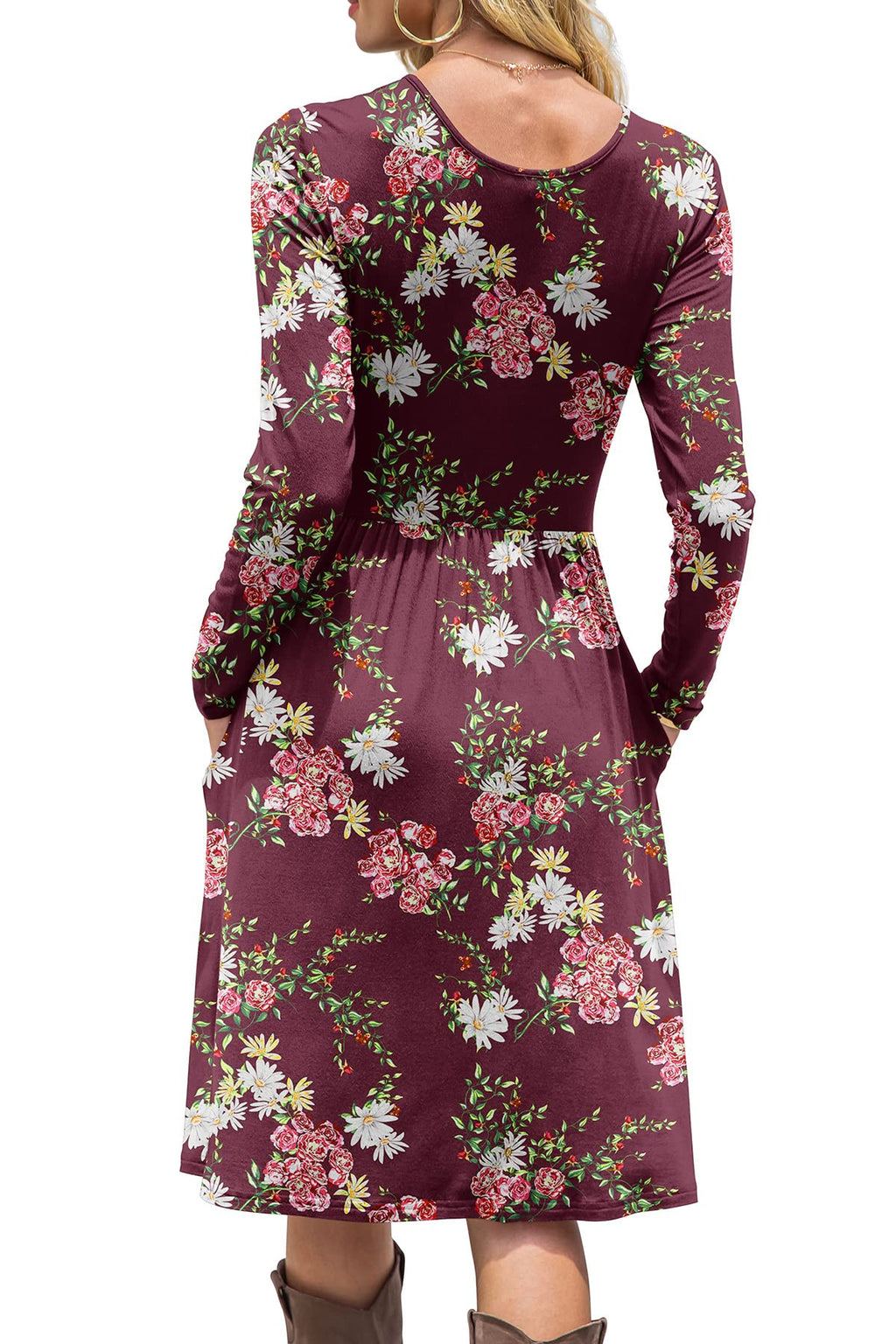 DB MOON Women Casual Long Sleeve Dresses Empire Waist Loose Dress with Pockets (Flower Wine Red, M)