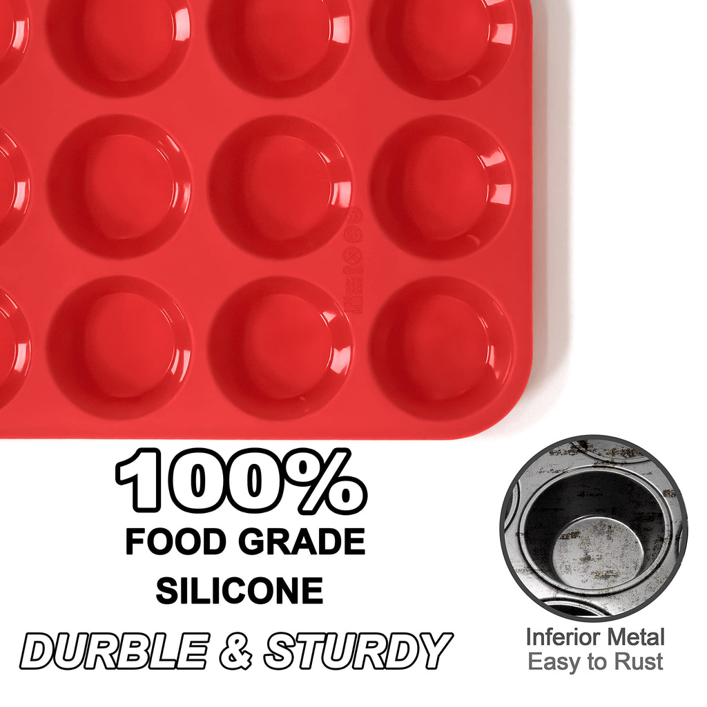 Anaeat Silicone Muffin Pan Set - Regular 12 Cups & Mini 24 Cups Cupcake Baking Molds with Flexible & Non-Sticky, Just Pop Out for Making Muffin Cakes, Cupcake, Chocolate,Tart and Desserts (2 Pack)