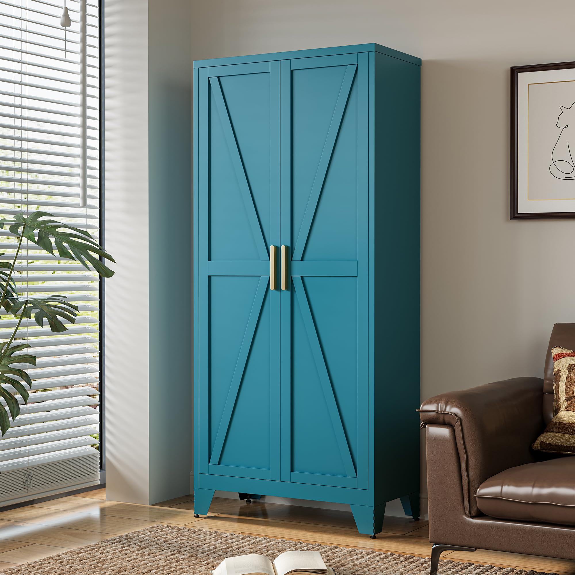 LCAOPC 71" Tall Metal Storage Cabinet with 2 Doors and 4 Adjustable Shelves, 5-Tier Kitchen Pantry Storage Cabinet for Kitchen, Living Room, Dining Room and Office, Blue