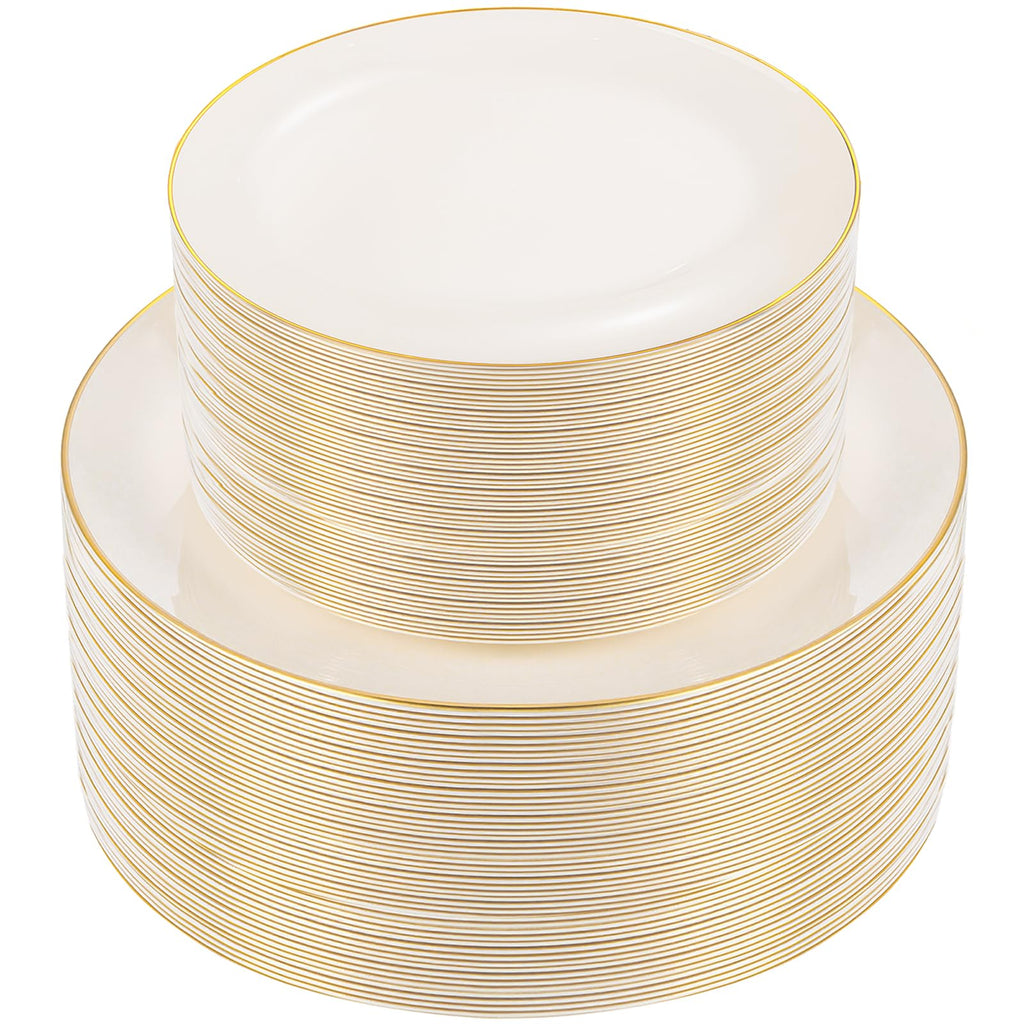 bUCLA 100PCS Ivory Plastic Plates with Gold Rim - Heavy Duty Cream Disposable Include 50 Dinner 10 inch & 50 Dessert 7 inch, for Party & Wedding