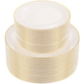 bUCLA 100PCS Ivory Plastic Plates with Gold Rim - Heavy Duty Cream Disposable Include 50 Dinner 10 inch & 50 Dessert 7 inch, for Party & Wedding