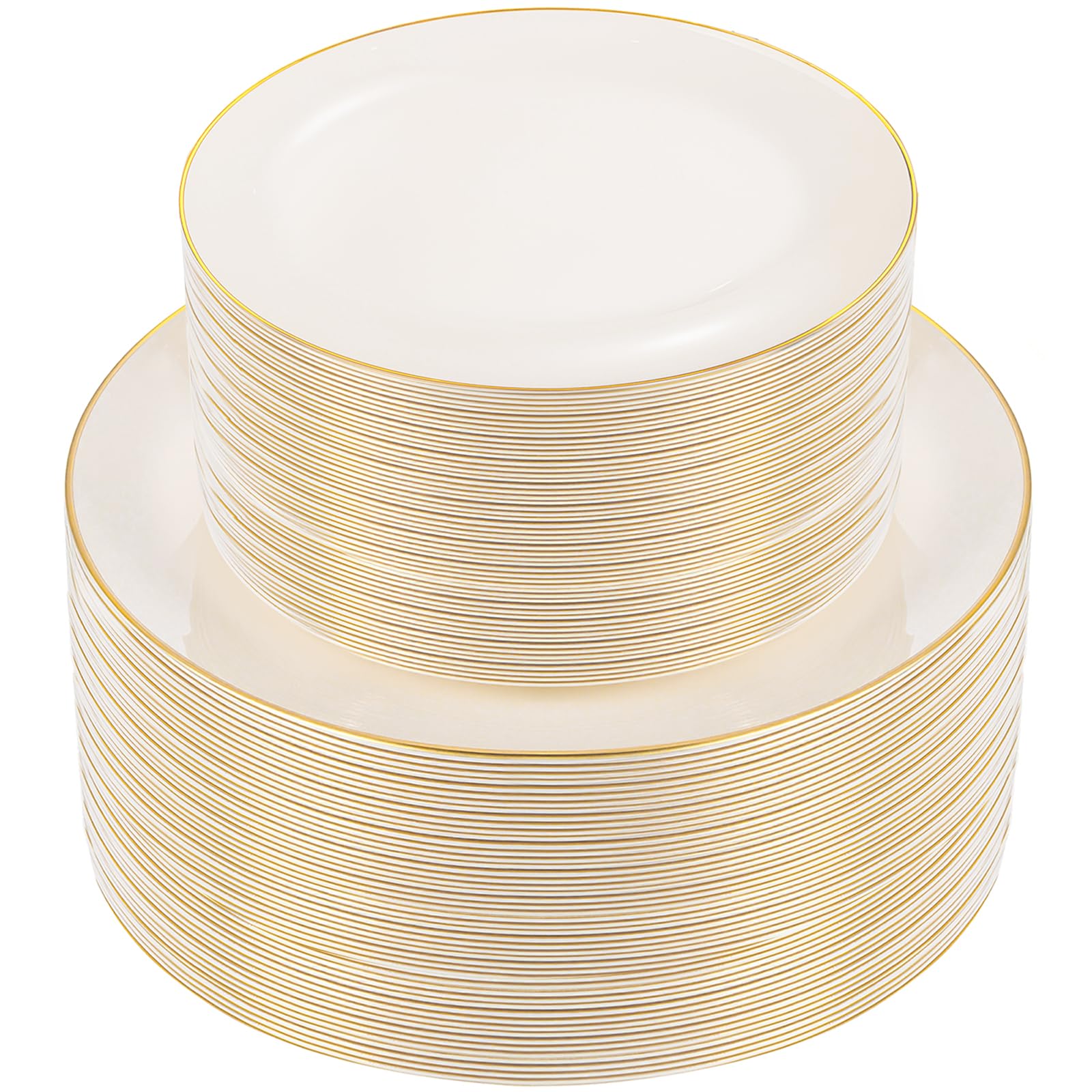 bUCLA 100PCS Ivory Plastic Plates with Gold Rim - Heavy Duty Cream Disposable Include 50 Dinner 10 inch & 50 Dessert 7 inch, for Party & Wedding