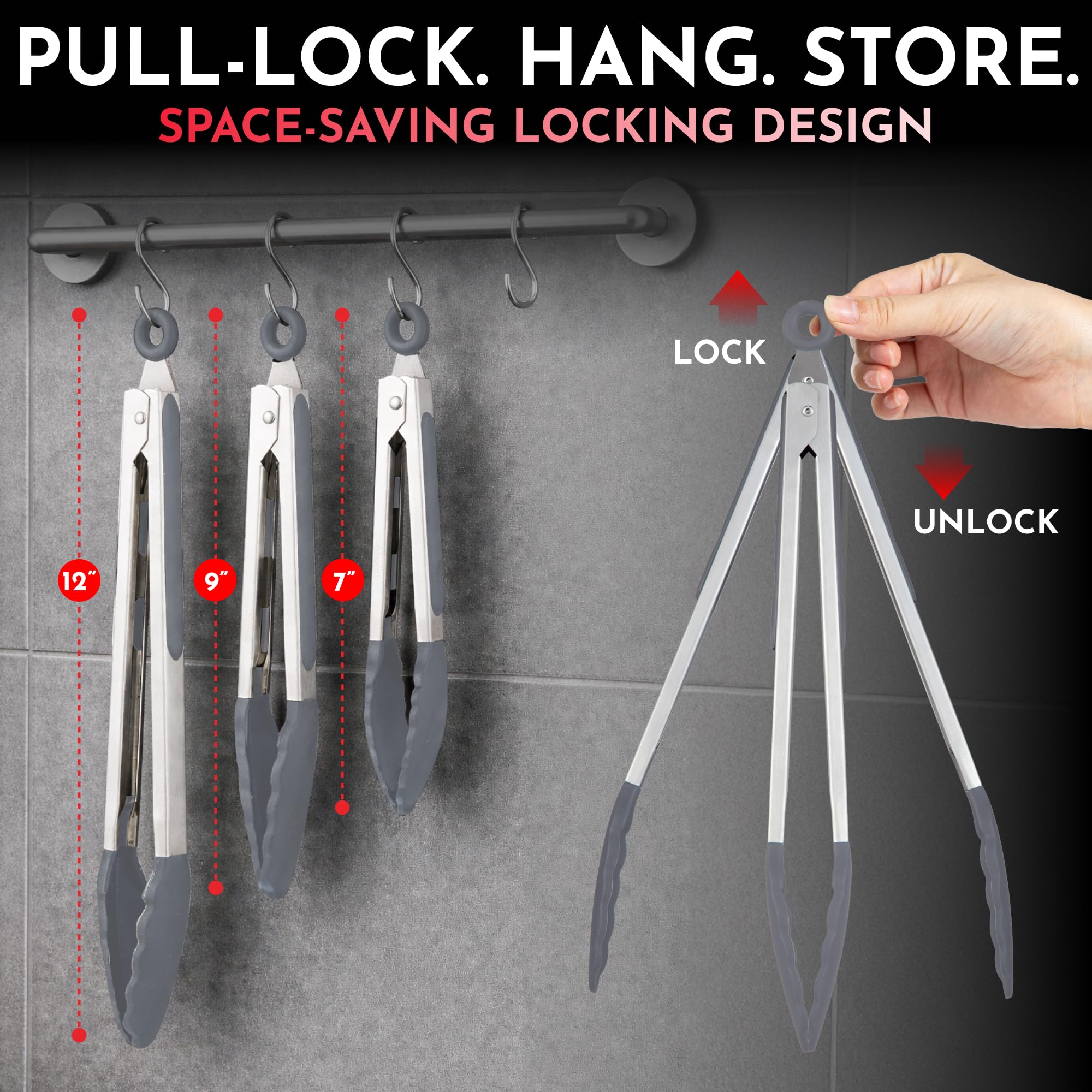 Kitchen Tongs - 12, 9 & 7 Inch Locking Silicone Tongs for Cooking, Set of 3