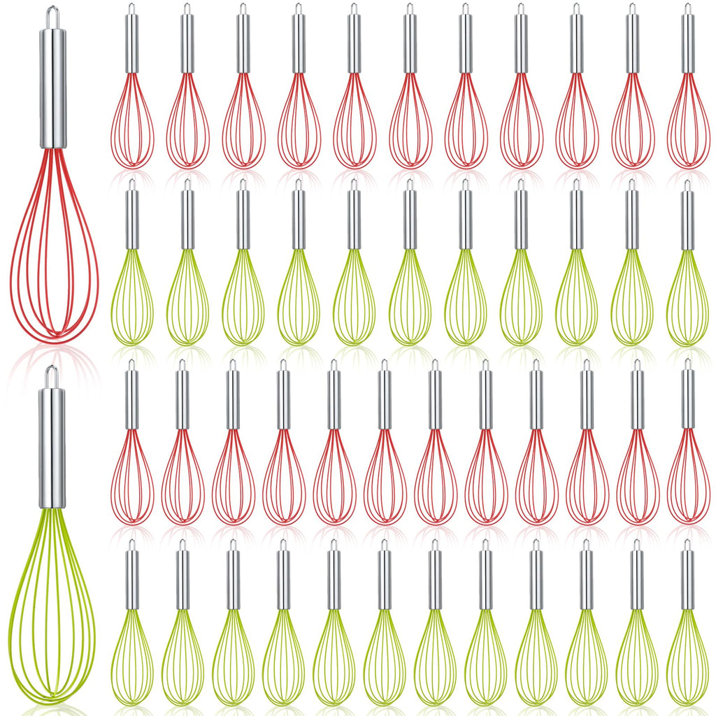 FoldTier 100 Sets 10 Inch Christmas Whisks Gifts DIY Fillable Christmas Tree Ornaments Xmas Colored Silicone Whisks for Cooking Heat Resistant Egg Beaters with Card Rope Bag for Candy Holder