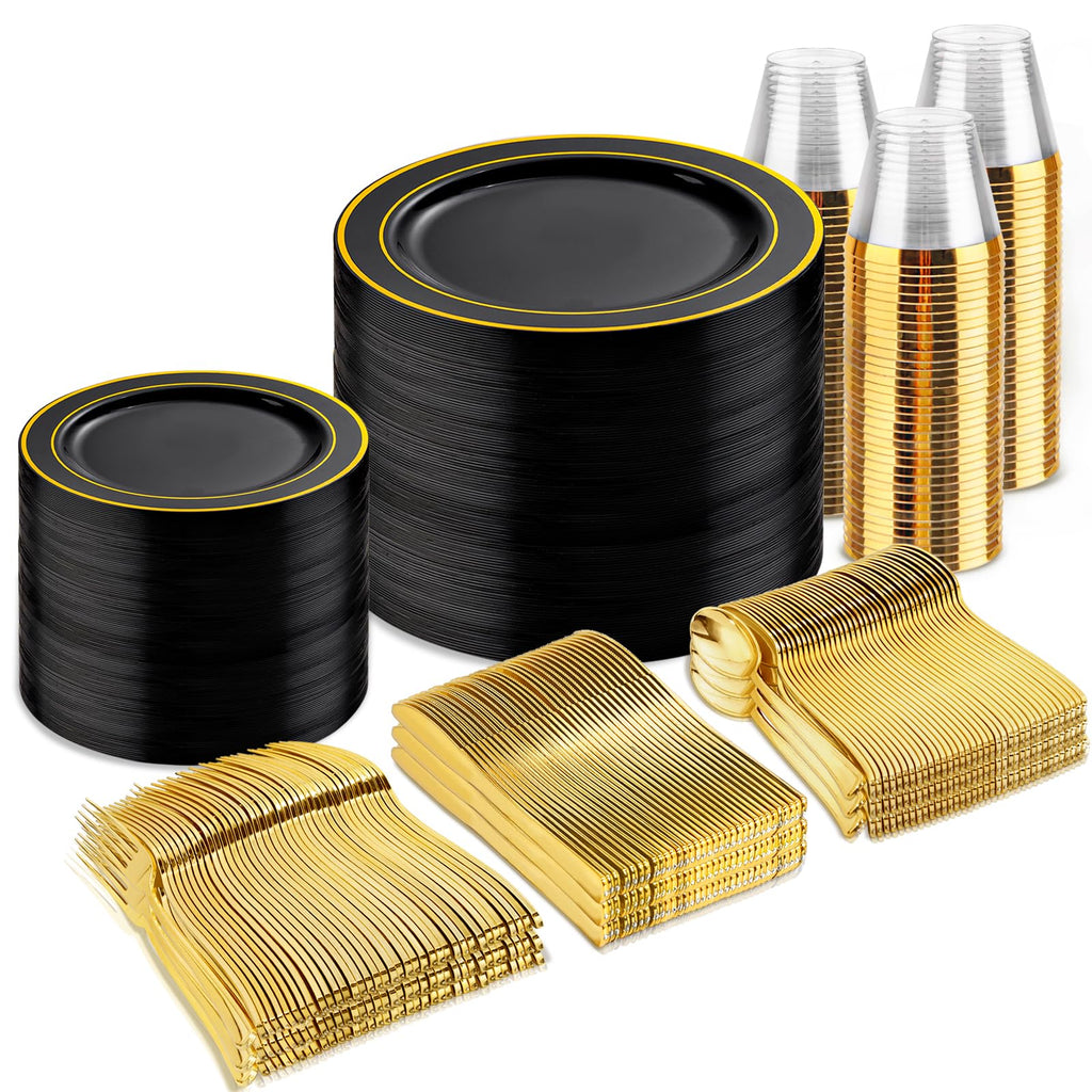 bUCLA 600PCS Black and Gold Disposable Dinnerware Set - Black Plastic Plates Disposable for Party Include 100 Dinner&100 Dessert Plates,100 Knives,100 Forks,100 Spoons,100 Cups for Party & Graduation