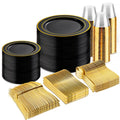 bUCLA 600PCS Black and Gold Disposable Dinnerware Set - Black Plastic Plates Disposable for Party Include 100 Dinner&100 Dessert Plates,100 Knives,100 Forks,100 Spoons,100 Cups for Party & Graduation