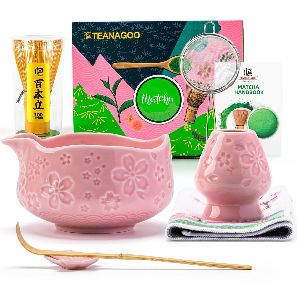 TEANAGOO 7-PCS Pink Matcha Whisk Set with Cherry Blossom Design, Complete Ceremony Kit, Ceramic Chawan Bowl with Spout, Whisk & Accessories, Traditional Matcha Tea Set for Lattes& Gift Giving
