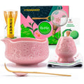 TEANAGOO 7-PCS Pink Matcha Whisk Set with Cherry Blossom Design, Complete Ceremony Kit, Ceramic Chawan Bowl with Spout, Whisk & Accessories, Traditional Matcha Tea Set for Lattes& Gift Giving