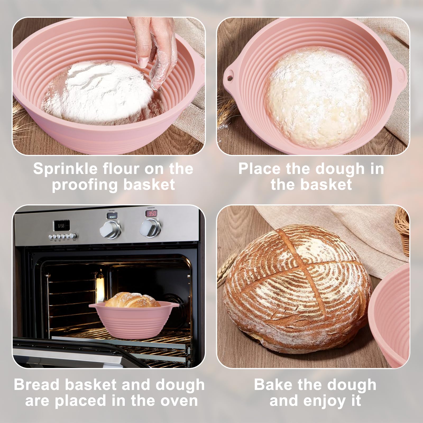 4Pcs Silicone Banneton Bread Proofing Baskets for Sourdough with Handles