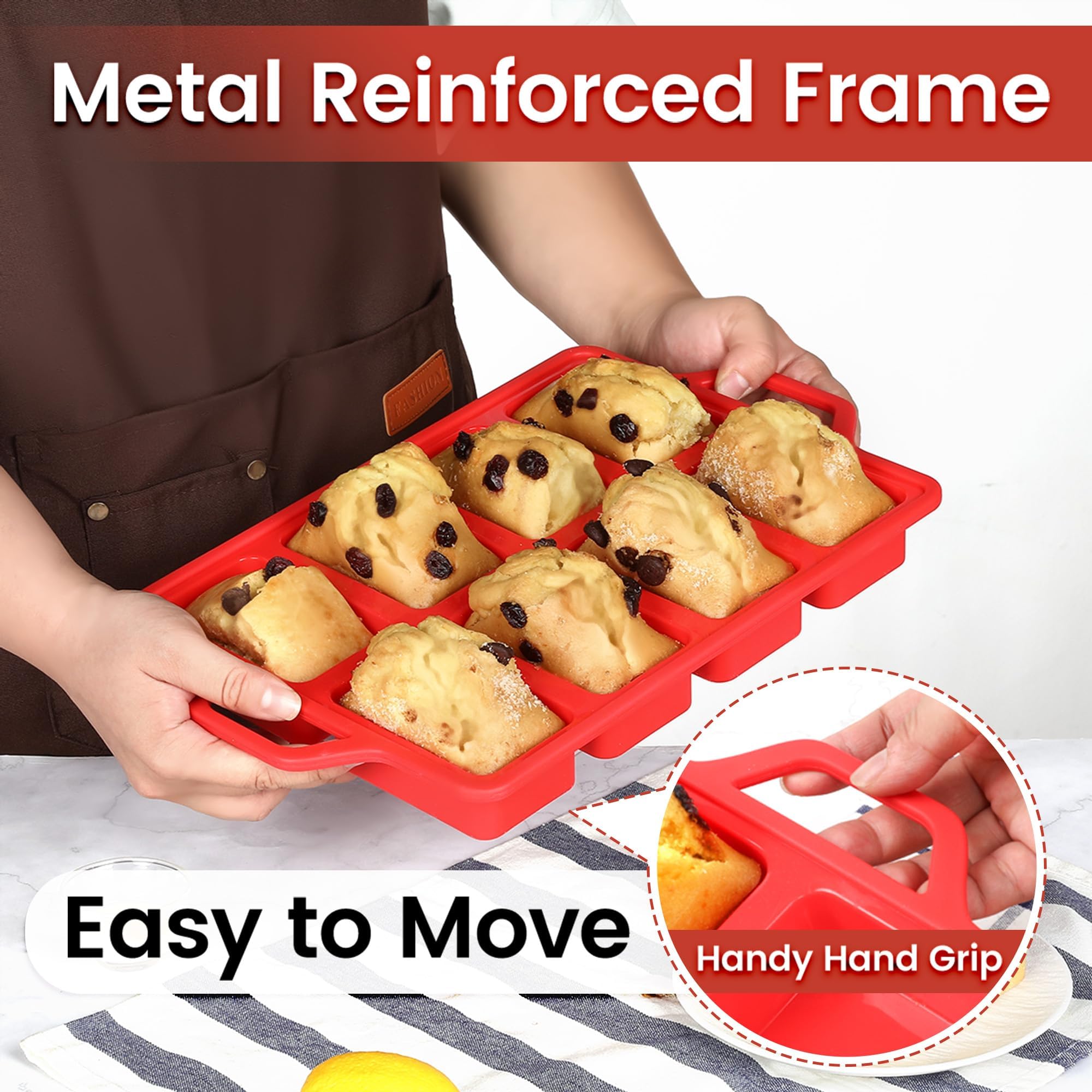 Mini Loaf Pans, Metal Reinforced Frame Silicone Mini Bread Loaf Pans 8 Cavities Nonstick for Baking Cornbread, Bread, Small Loaf, Brownie, Cheesecake, Chocolate 2 Pack Red