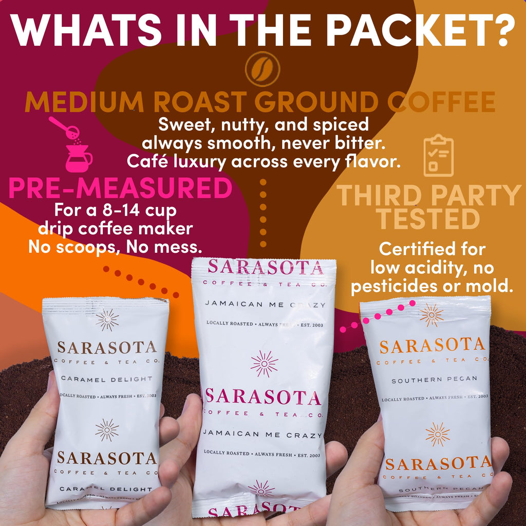 Flavored Ground Coffee Sampler Pack – Variety Gift Set, Medium Roast, Low Acid, Pre-Measured 2oz Pouches, Gourmet Bulk Coffee Packets for 12-Cup Drip Makers