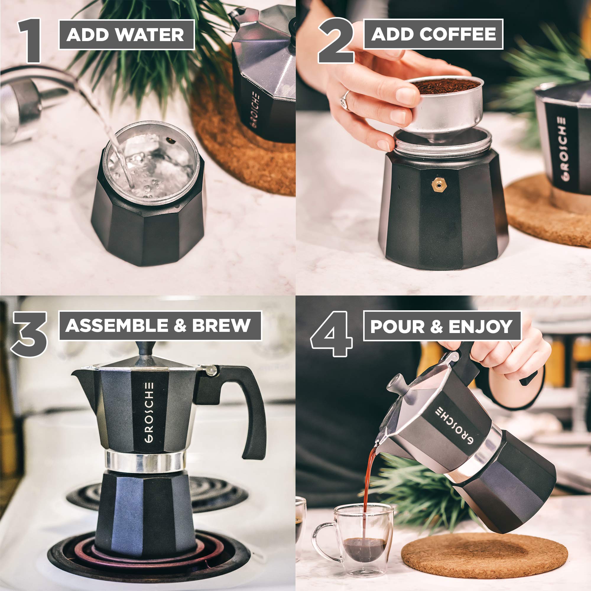 GROSCHE Milano Stovetop Espresso Maker Moka Pot 3 espresso Cup - 5 oz, Black - Cuban Coffee Maker Stove top coffee maker Moka Italian espresso greca coffee maker brewer percolator