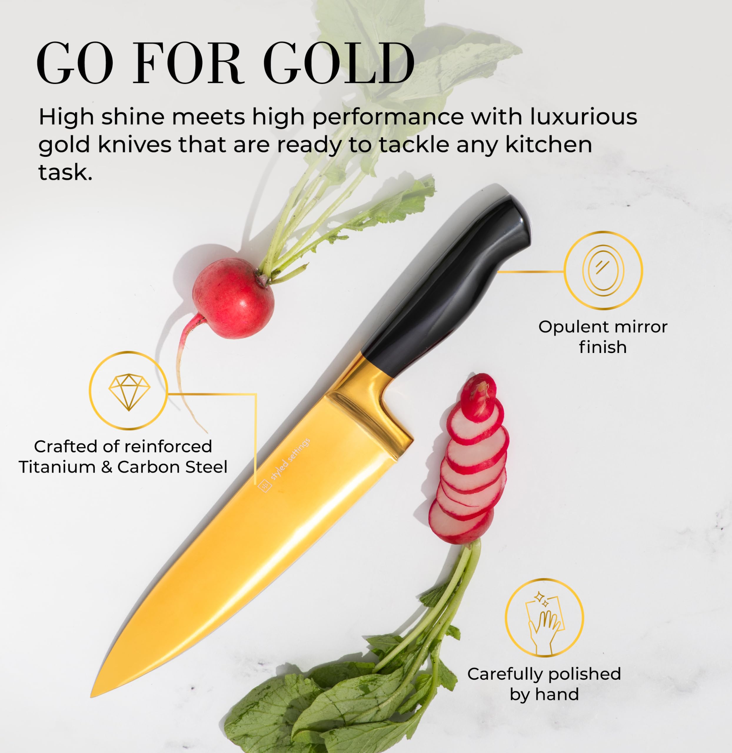 Styled Settings Black and Gold Knife Set with Block and Sharpener, 14-Piece