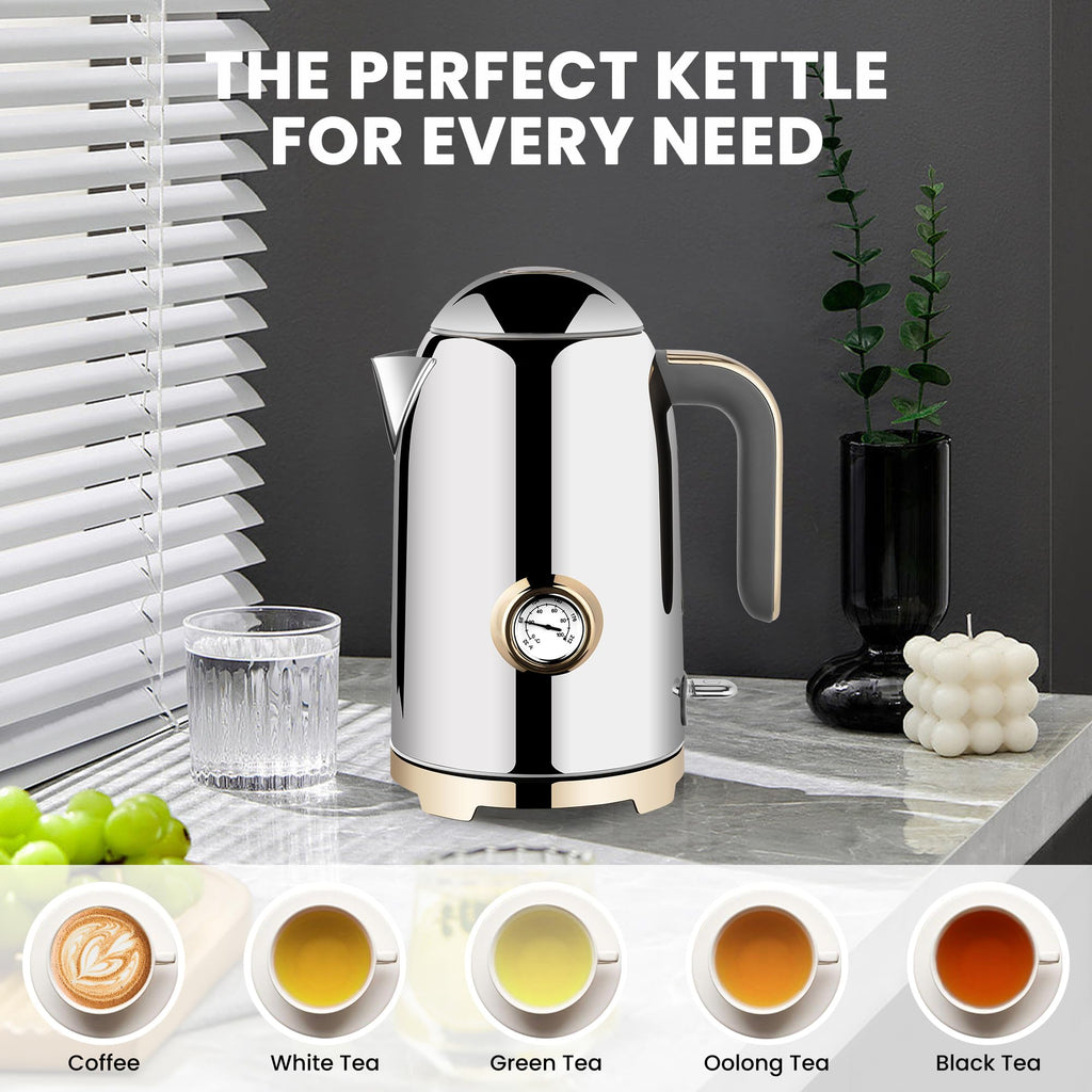 SUSTEAS 57oz Electric Kettle with Thermometer, Hot Water Pot, Glossy Silver