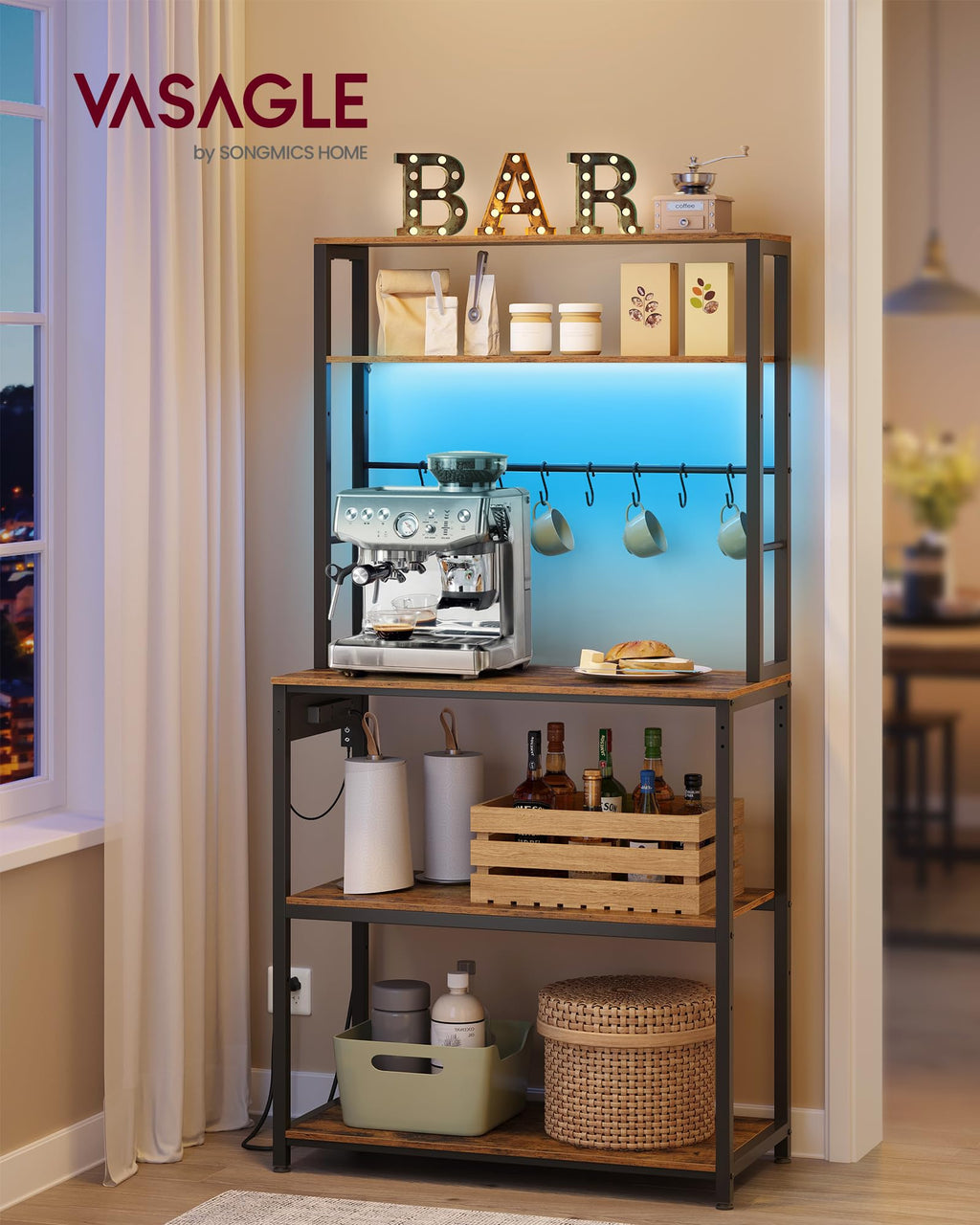 VASAGLE Coffee Bar with LED Lights, Kitchen Bakers Rack with Power Outlet, Microwave Stand with Adjustable Shelves, 8 Hooks, 15.7 x 31.5 x 65.7 Inches, Rustic Brown and Matte Black UKKS050K01