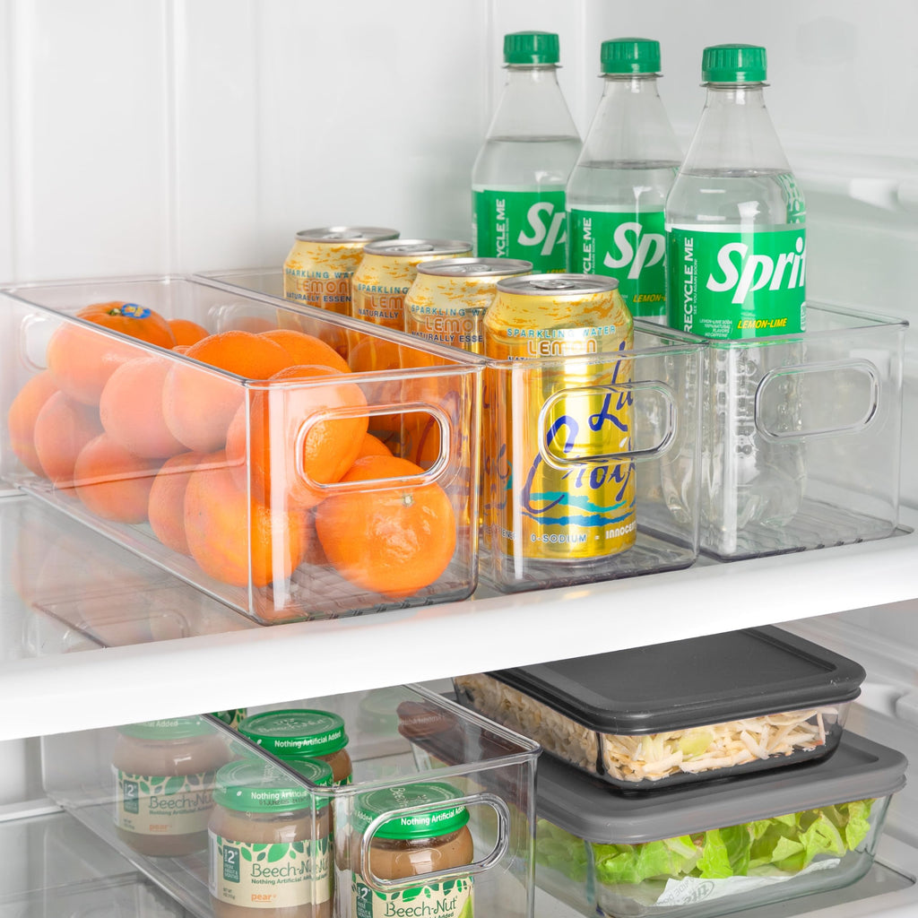 Plastic Food Storage 4 Pack Clear Container Bin with Handles for Organizing Kitchen, Pantry, Refrigerator, Freezer, Pantry, Cabinet, Closet, Bathroom. 14”x4”x4”