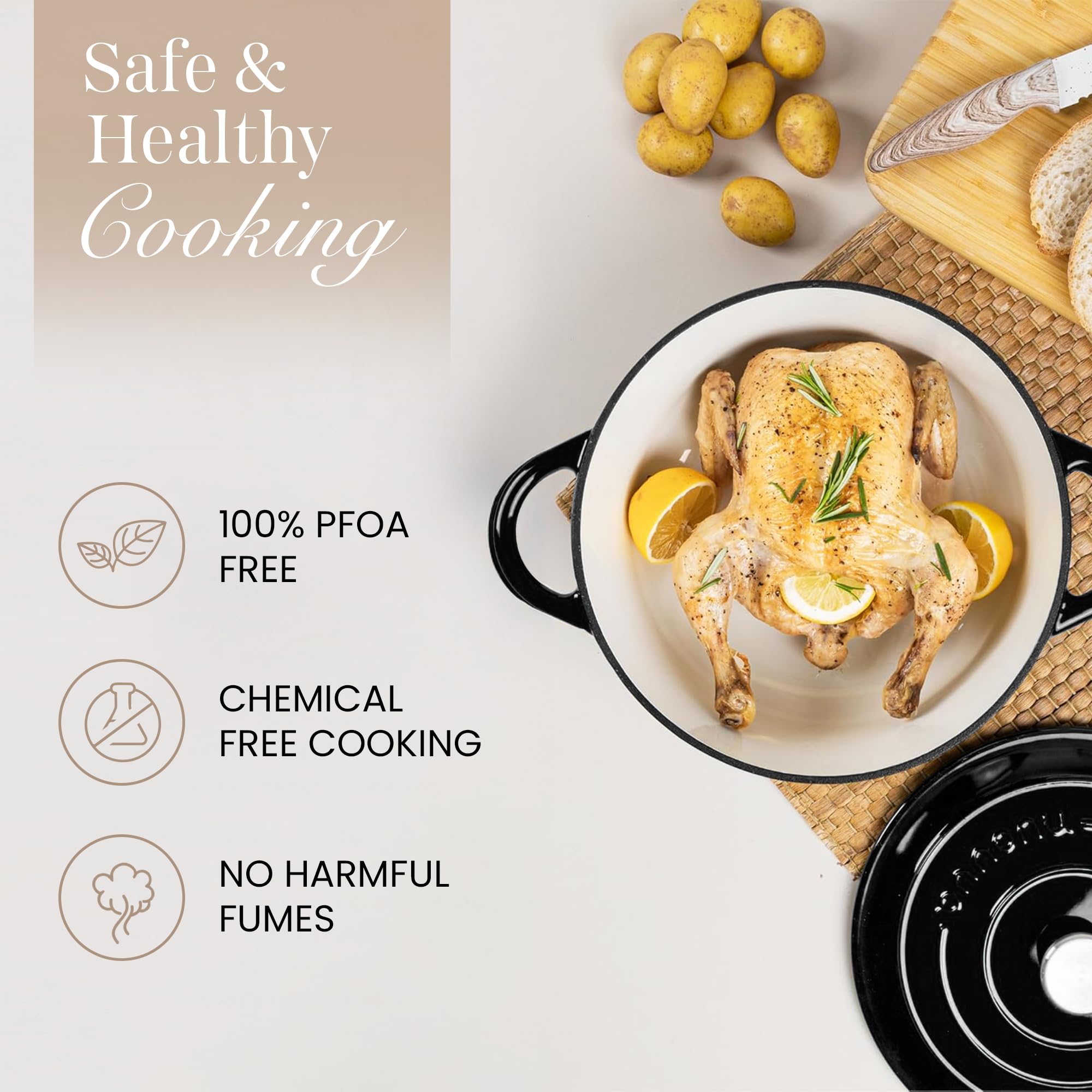 Nuovva Enamelled Cast Iron Dutch Oven Pot with Lid – 6.4 Quart Non Stick Casserole Pot – Heavy Duty & Oven Safe up to 500° F for Bread Baking, Braising, Stews, Roasting – 28cm Black