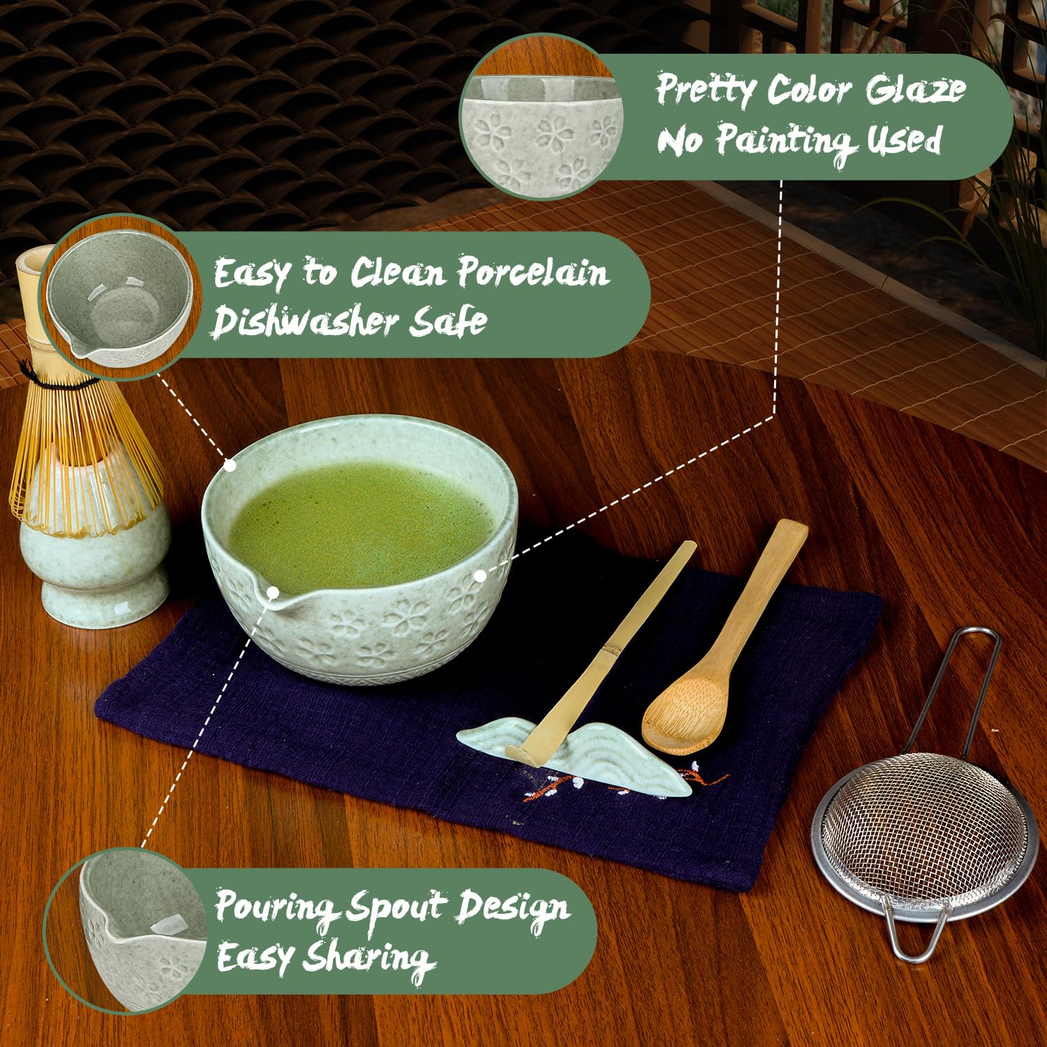 Matcha Whisk Set, 8Pcs Matcha Set Kit include Matcha Bowl, Matcha Whisk and Holder, Bamboo Scoop, Scoop Rest, Sifter and Tea Towel, Matcha Whisk and Bowl Set for Matcha Lovers and Beginers