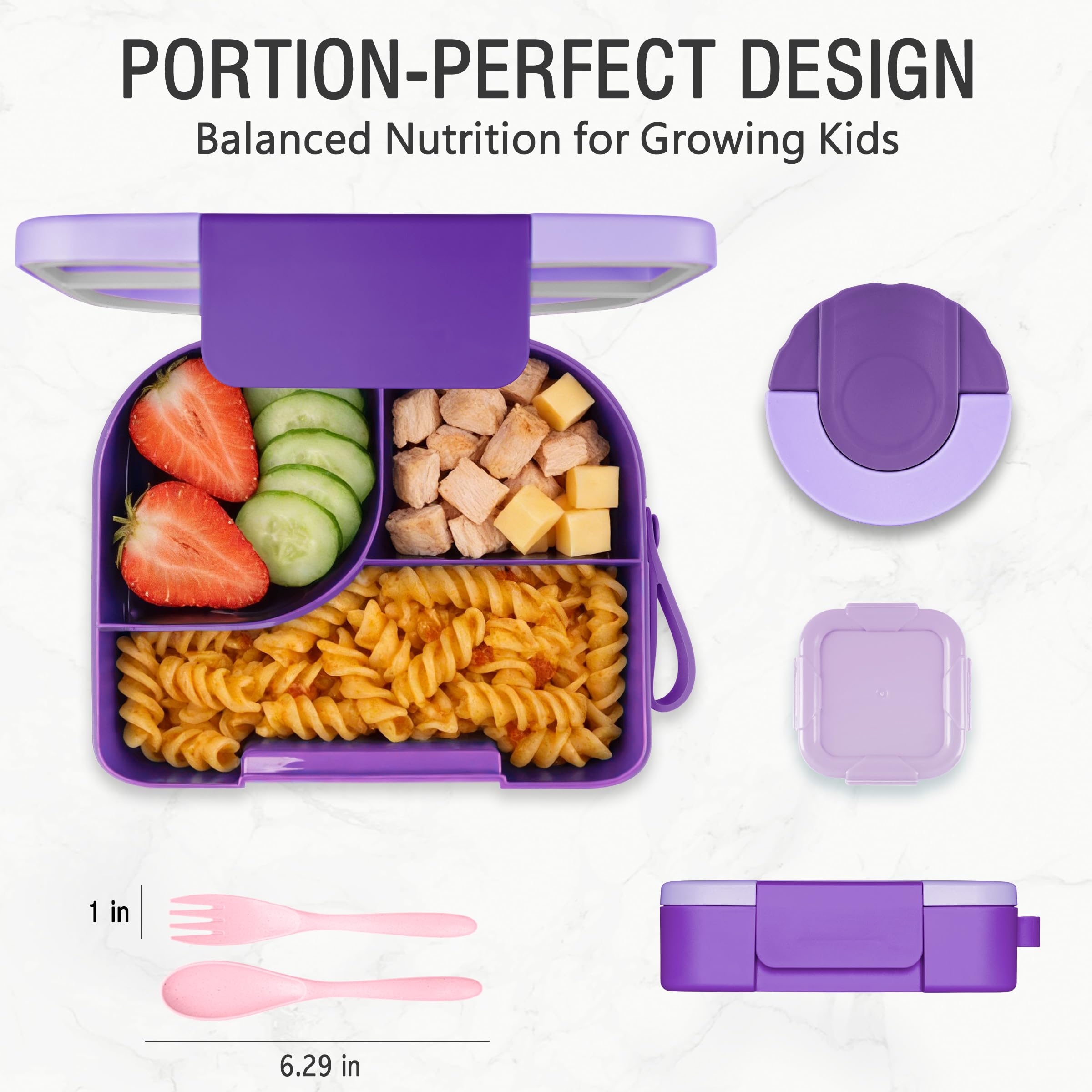 Lunch Box with Thermo Jar, Large-Capacity 3-Compartment Bento Box, Purple