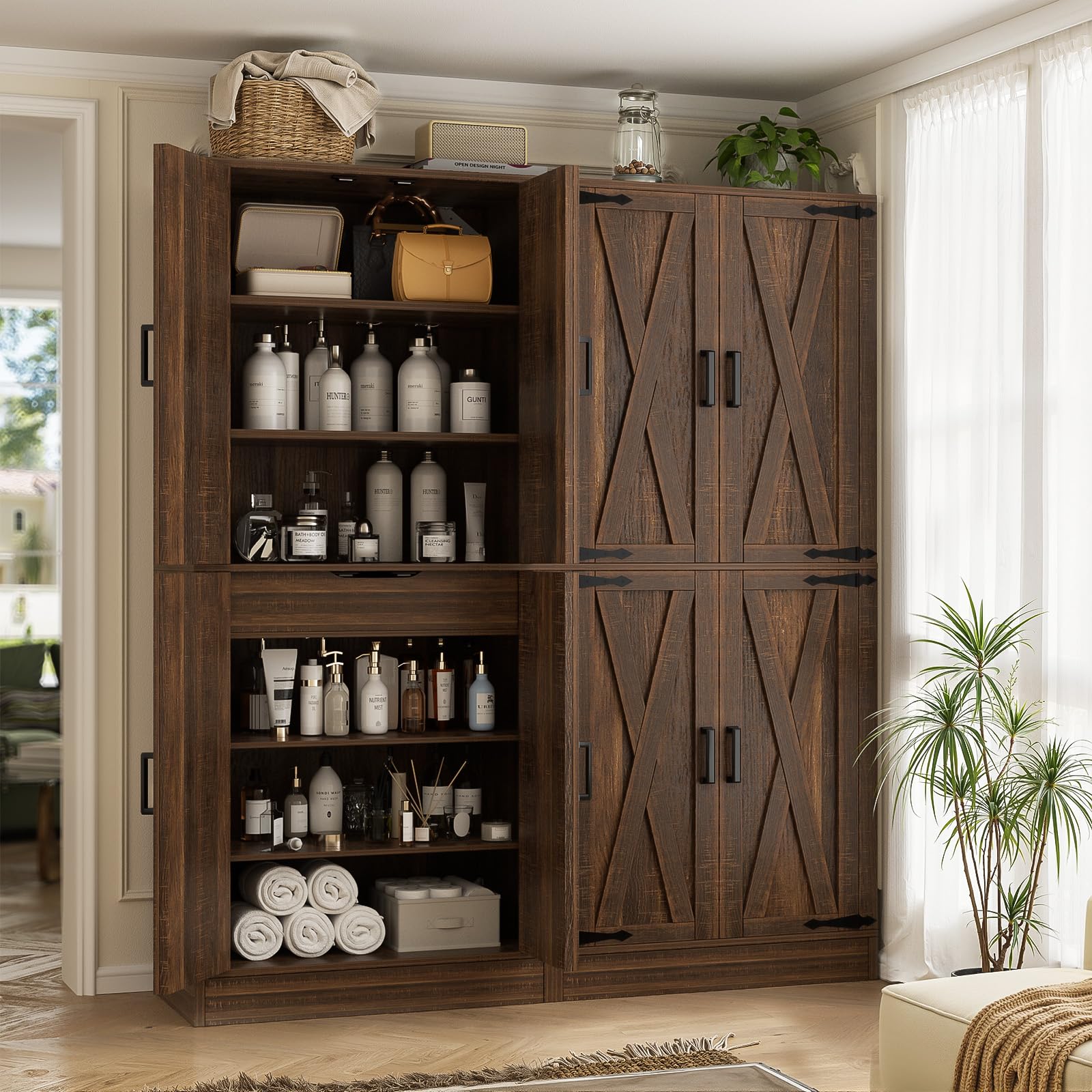 Unikito 71" Tall Kitchen Pantry Cabinet with Farmhouse Barn Doors and Storage Drawer, 8 Adjustable Shelves, Freestanding Cupboard for Dining Room, Living Room, Utility Room, Weathered Brown 2 Pack