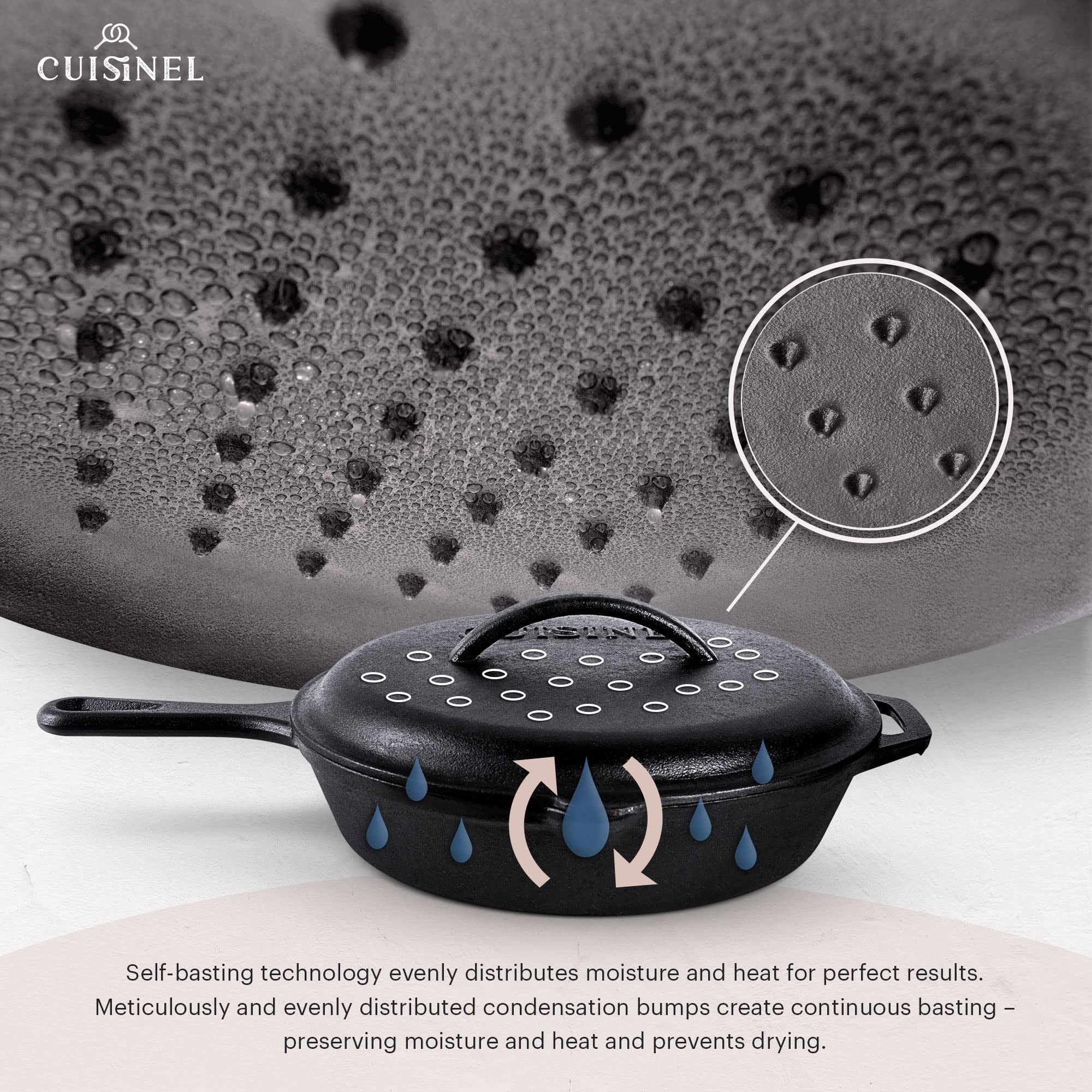 Cuisinel Cast Iron Skillets Set with Lids - 8"+10"+12"-inch Pre-Seasoned Covered Frying Pan Set + Silicone Handle and Lid Holders + Scraper/Cleaner - Indoor/Outdoor, Oven, Stovetop, Fire Safe Cookware