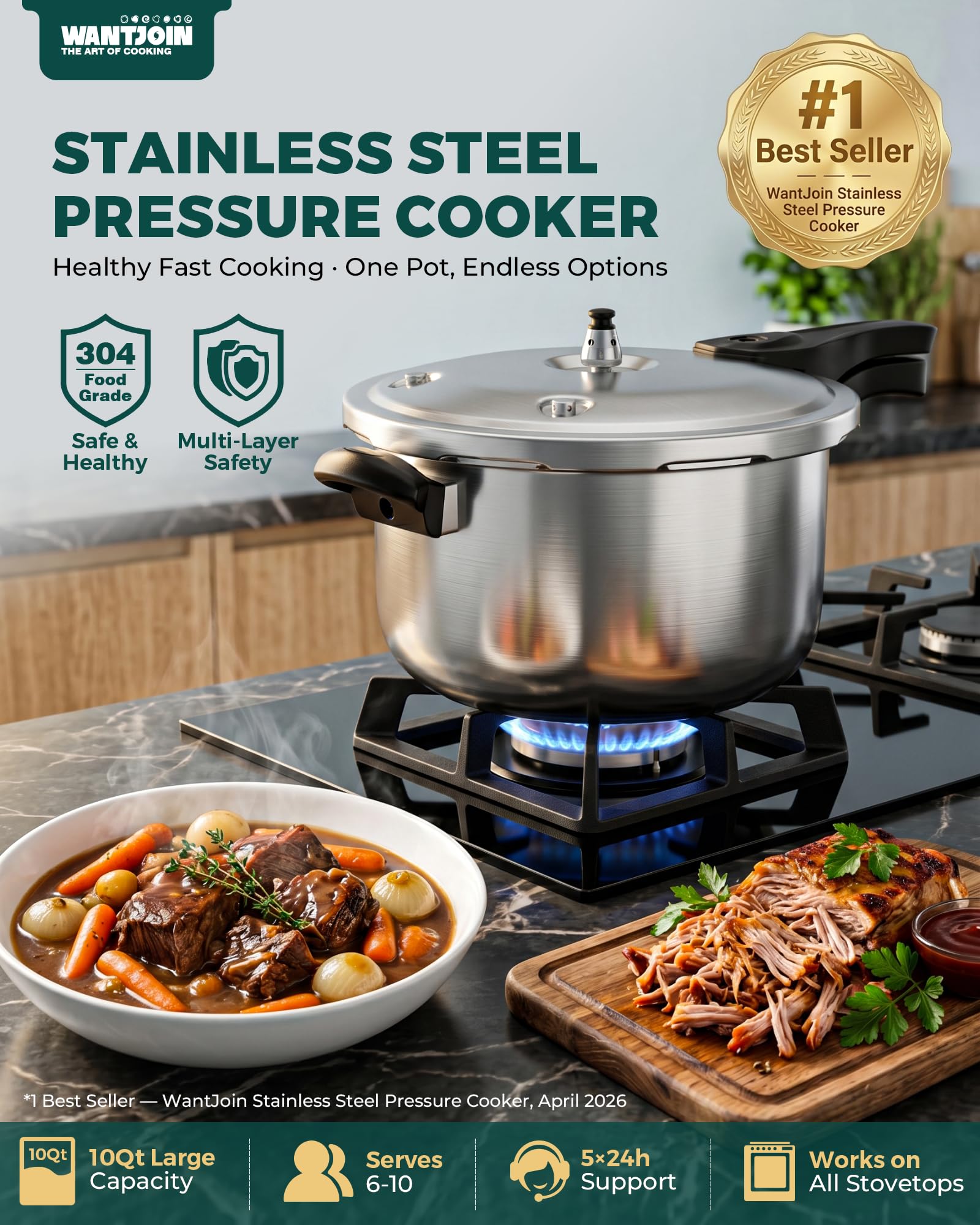 WantJoin Stainless Steel Pressure Cooker(Non-Aluminum),10 Quart Induction Compatible Pressure Cooker with Spring Valve Safeguard Devices,Compatible with Gas & Induction Cooker