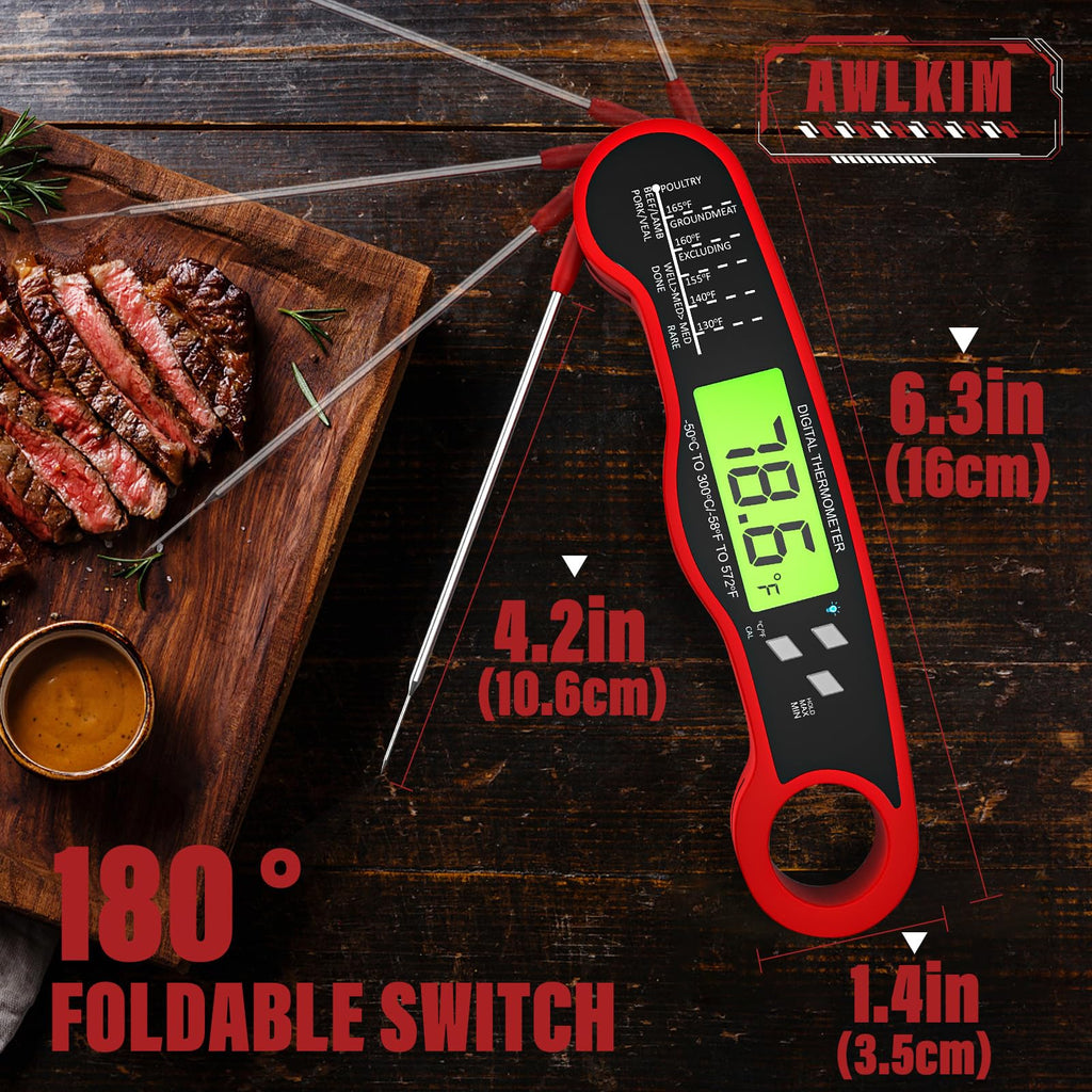 AWLKIM Meat Thermometer Digital, Instant Read Food Thermometer, Red