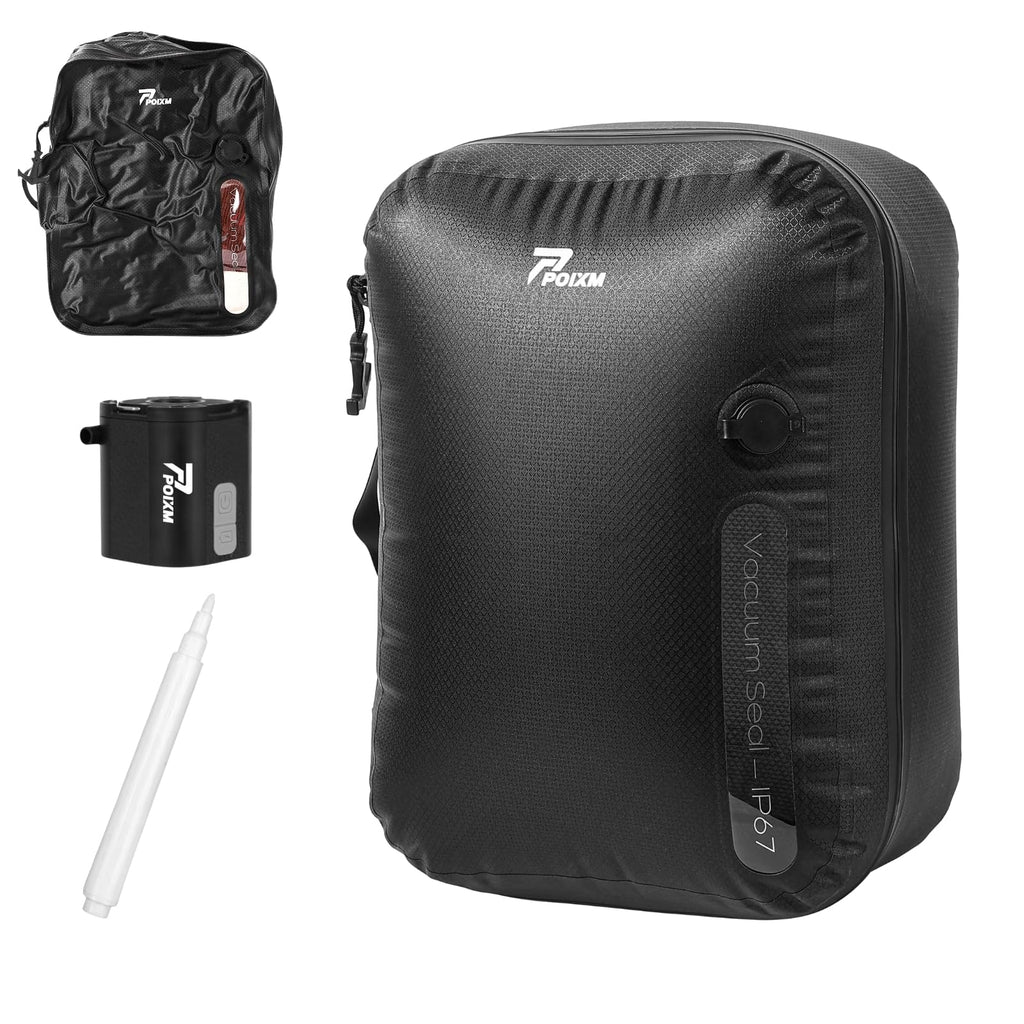 POIXM Vacuum Bags for Travel with Wireless Pump, 180° Open Zipper, IP67 Waterproof, Reusable Space Saver Compression Bags for Backpack, Suitcase, Home Storage(1 Pack + Pump)