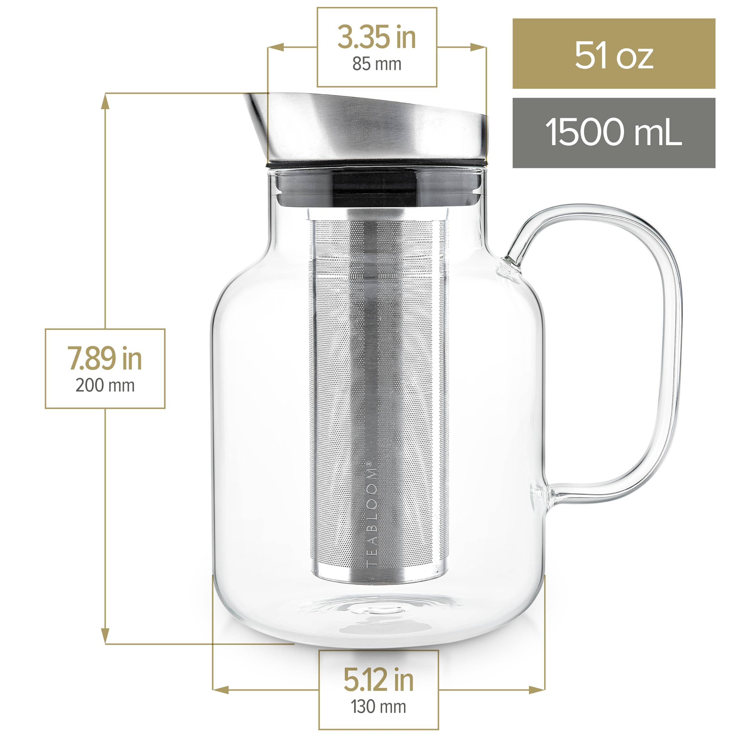 Teabloom 100% Plastic-Free Large Multi-Brew Borosilicate Glass Teapot + Kettle + Pitcher – Steep and Serve Hot Tea, Iced Tea, Cold Brew Tea and Fruit Infused Water – Legacy Tea Maker