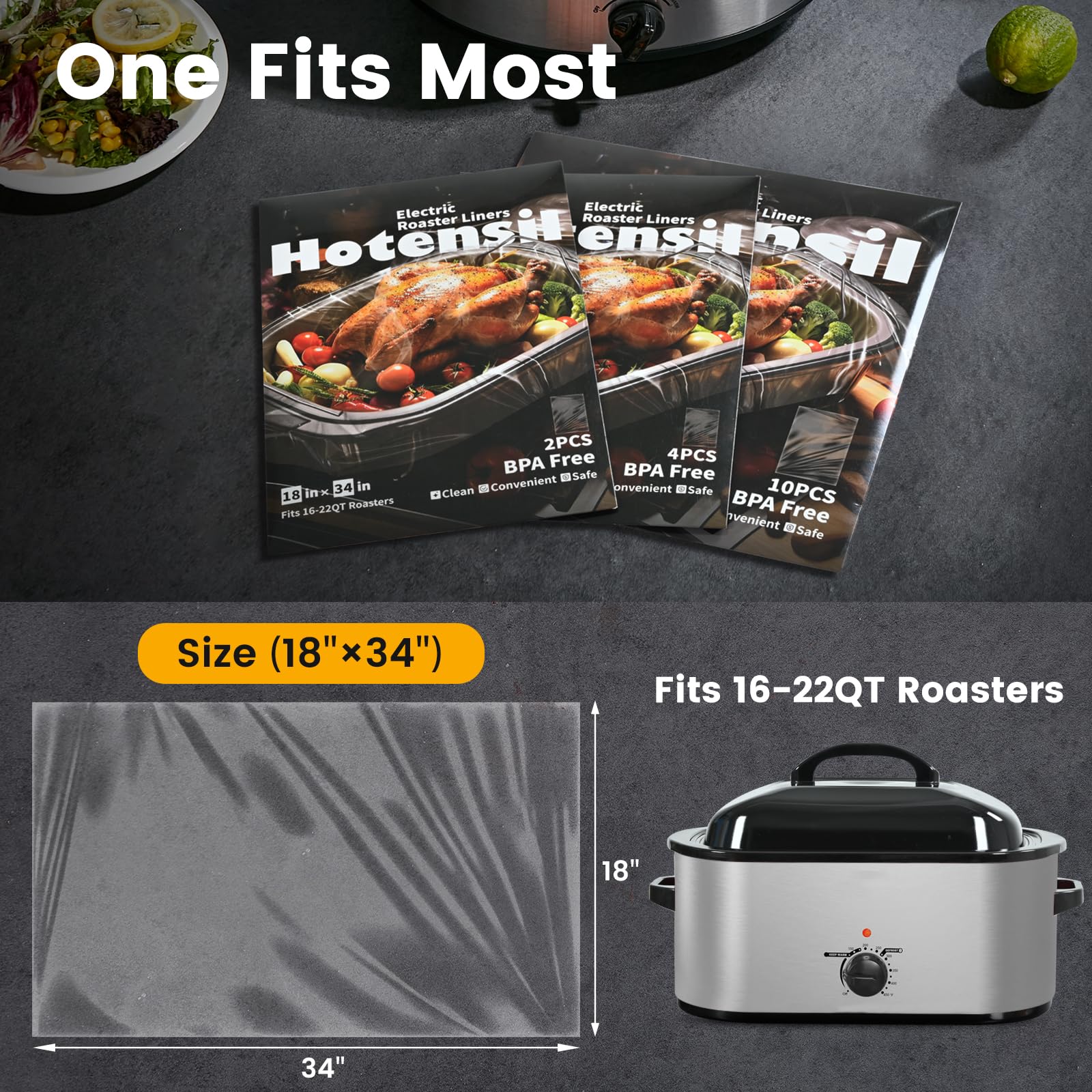 Hotensil Electric Roaster Liners & Slow Cooker Liners, 10 Count 34 x 18 Inch Universal Fit for 16-22 Quart Roasters, Mess-Free Cooking, Disposable Oven Liners for Easy Cleanup, Cooking Bag